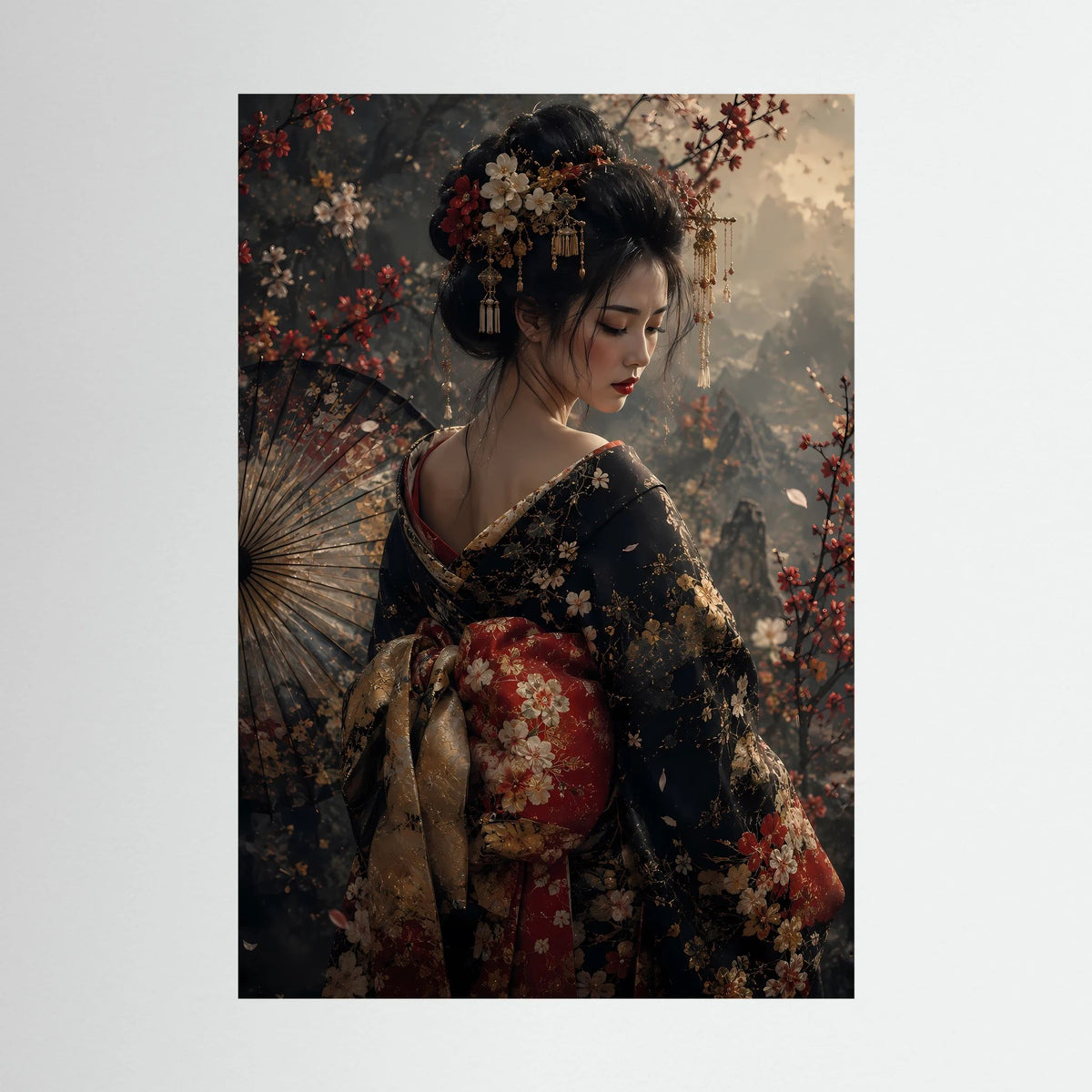 Hochformat-Poster mit Geisha im floralen Kimono, Fächer seitlich, detailreiches Porträt