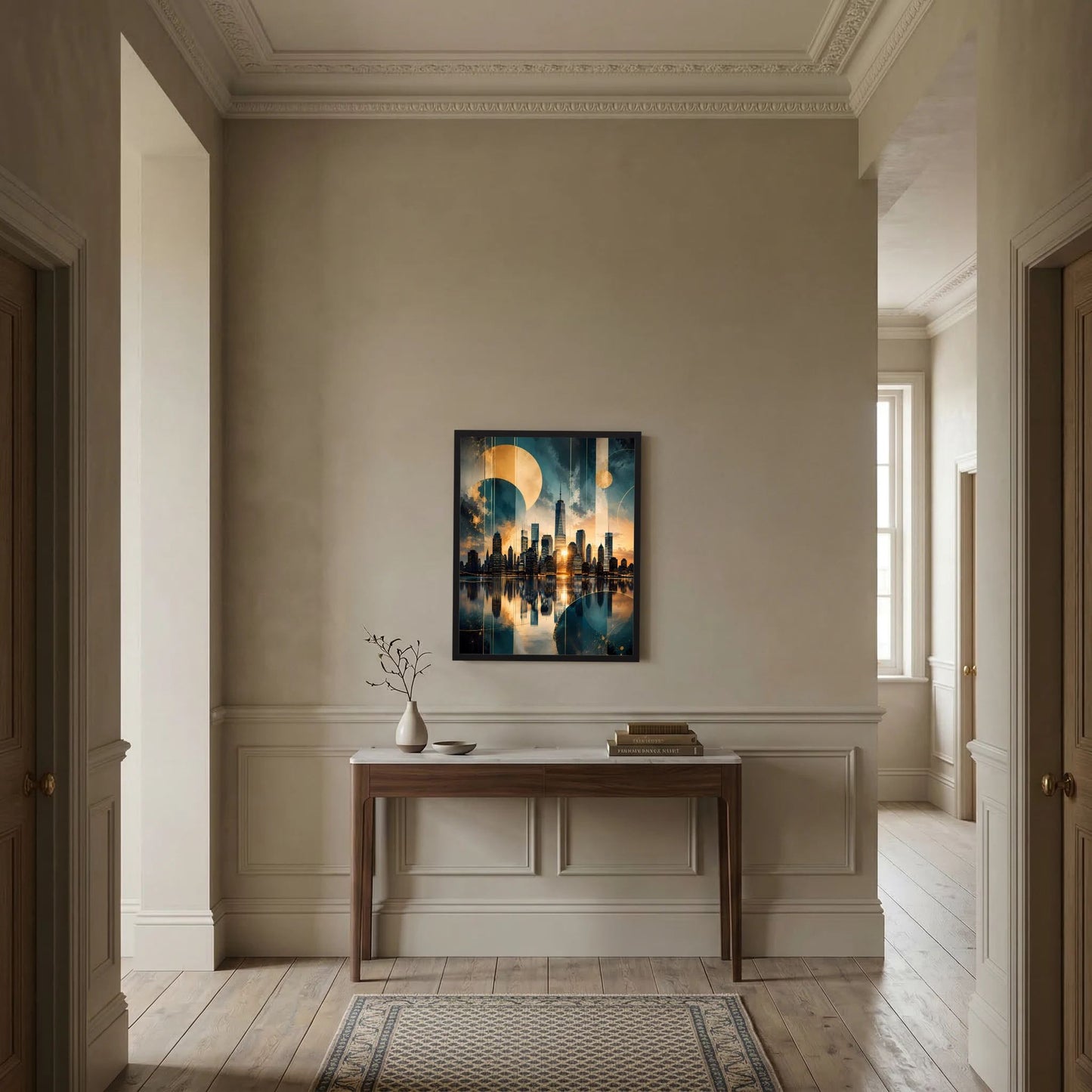 Gerahmtes Poster mit abstrakter Skyline in Gold und Petrol, rechteckig an Wand