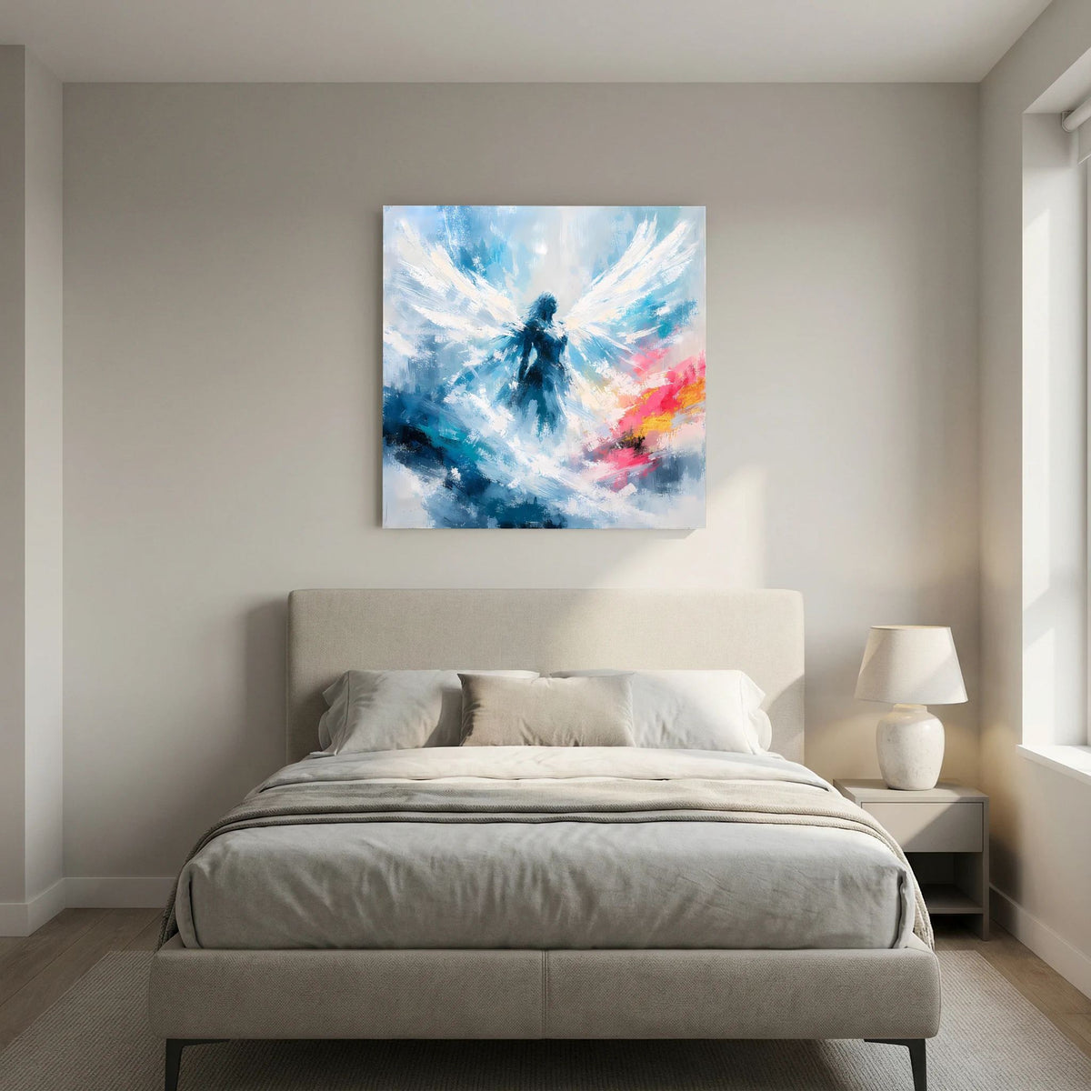 Quadratisches Leinwand-Wandbild mit Engel in Blau, Weiß und farbigen Nebelflächen im Hintergrund.