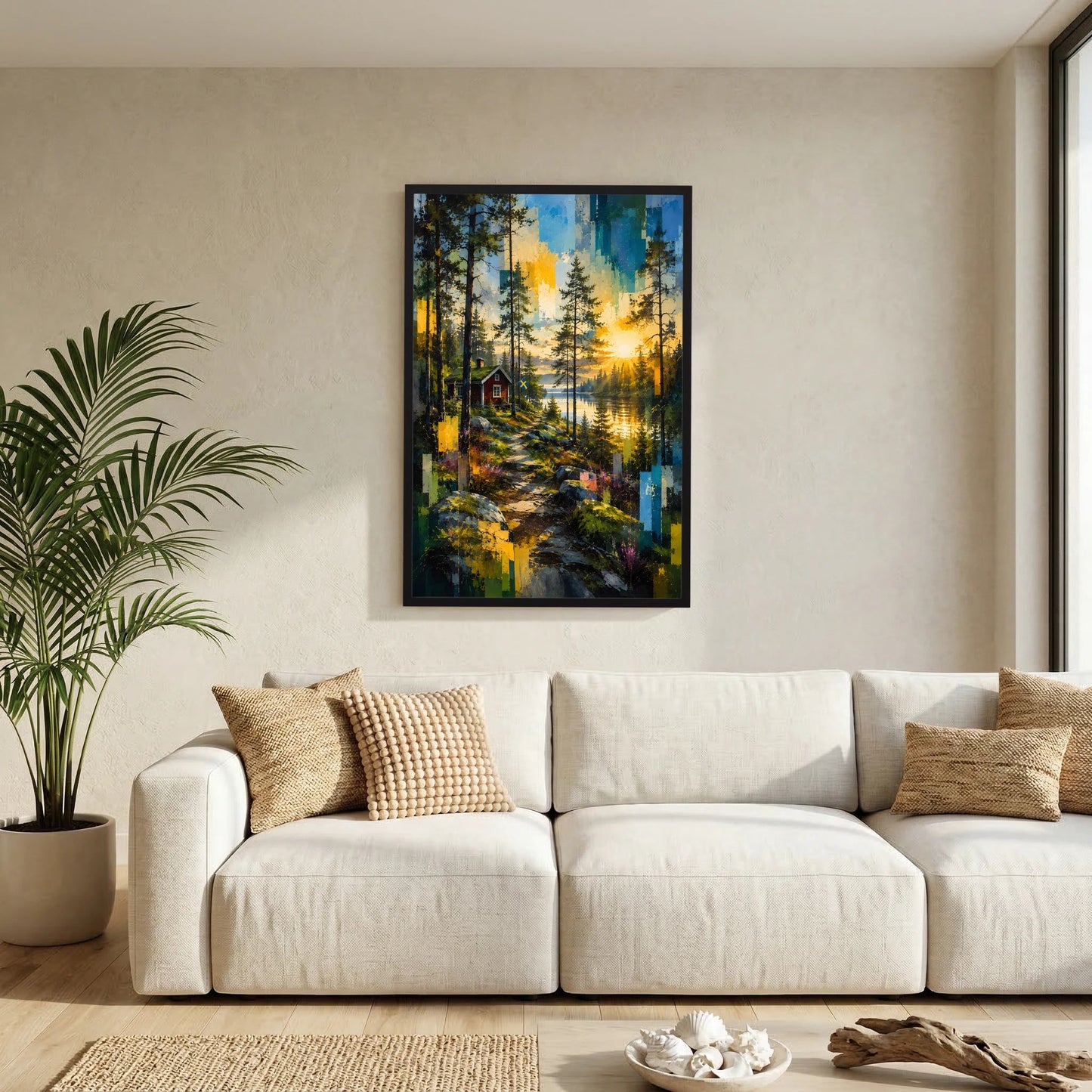 Gerahmtes Poster im Hochformat mit Waldlandschaft, See und kleinem Haus bei goldenem Sonnenuntergang, schwarz
