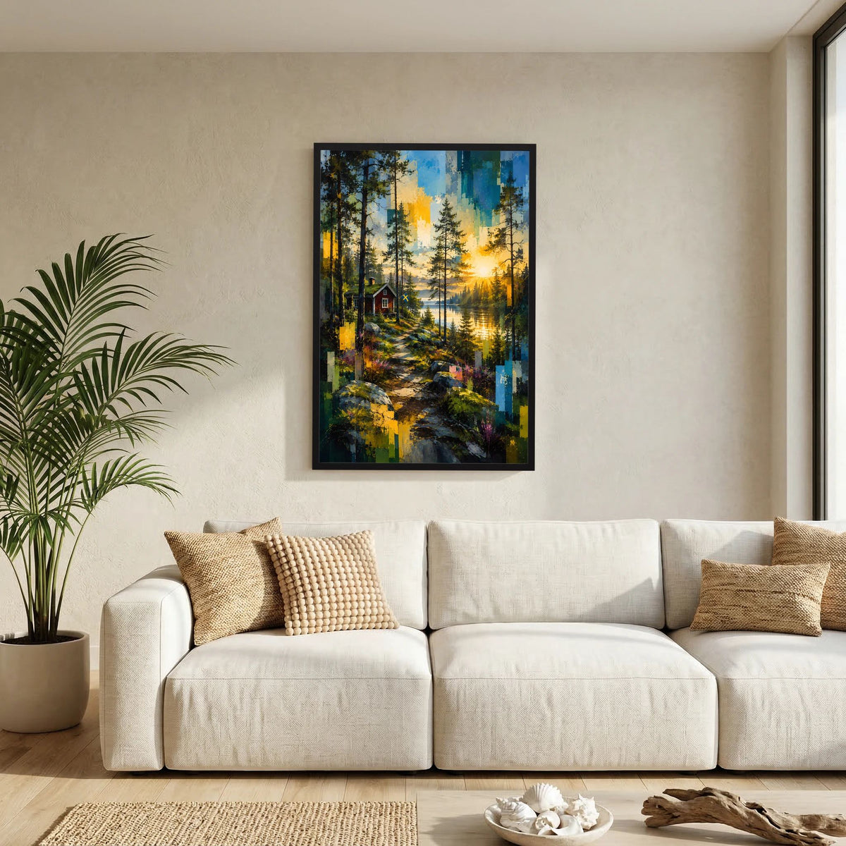 Gerahmtes Poster im Hochformat mit Waldlandschaft, See und kleinem Haus bei goldenem Sonnenuntergang, schwarz