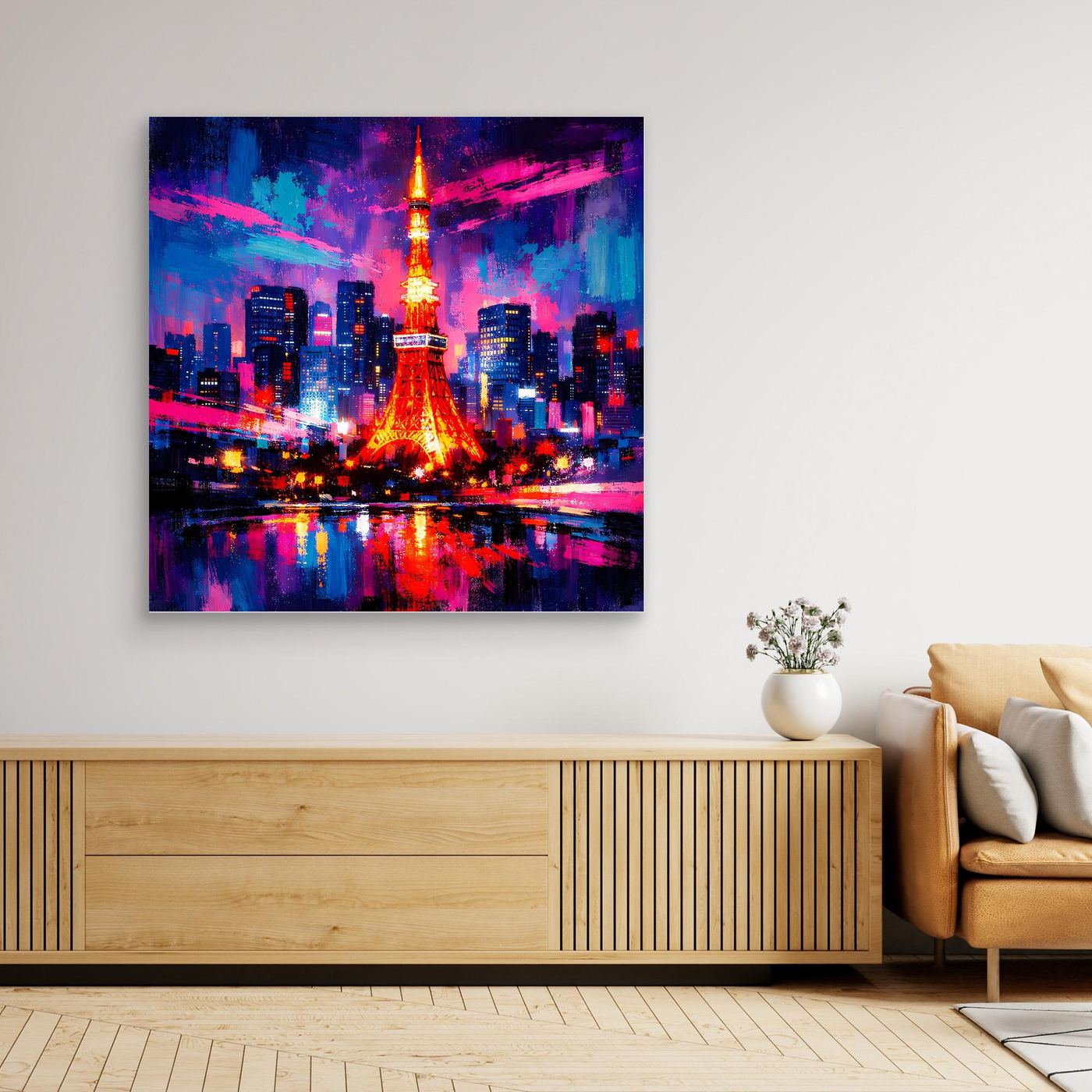 Abstraktes Skyline-Wandbild mit farbiger Lichtstadt, reflektierendem Wasser, ohne sichtbaren Rahmen