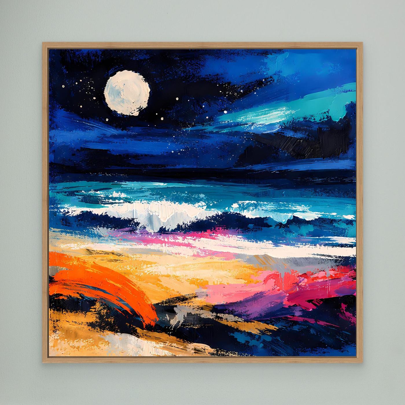 Abstraktes Leinwand-Wandbild mit Vollmond über dem Meer, heller Holzrahmen, Blau-Orange Farbmischung