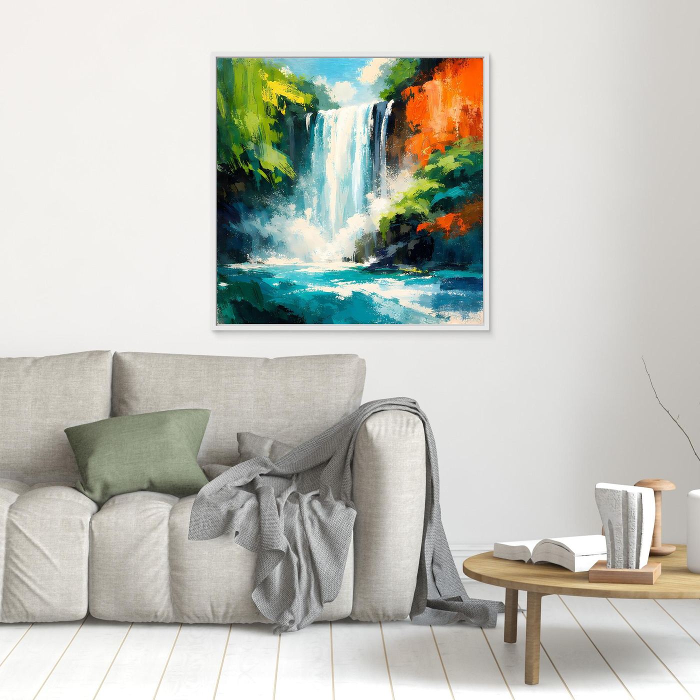 Gerahmtes Leinwandbild mit tropischem Wasserfall und dichtem Grün, blaue und türkisfarbene Flächen