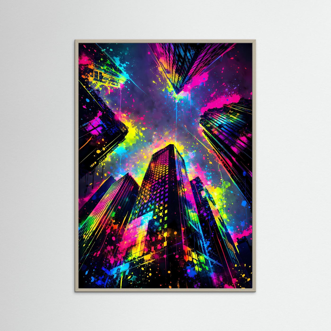 Urbane Farbexplosion | Abstraktes Wolkenkratzer Poster aus der Froschperspektive | Modernes Skyline Kunstposter Hochformat
