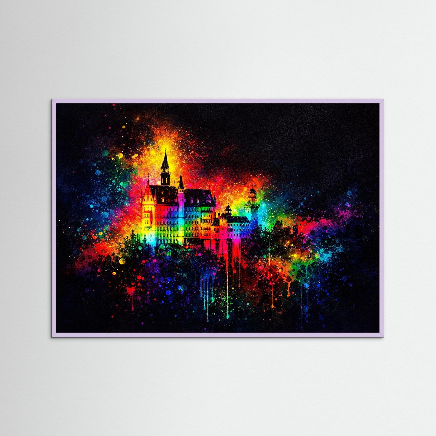 Wandbild mit Fantasieschloss und Farbexplosion, lila Rahmen