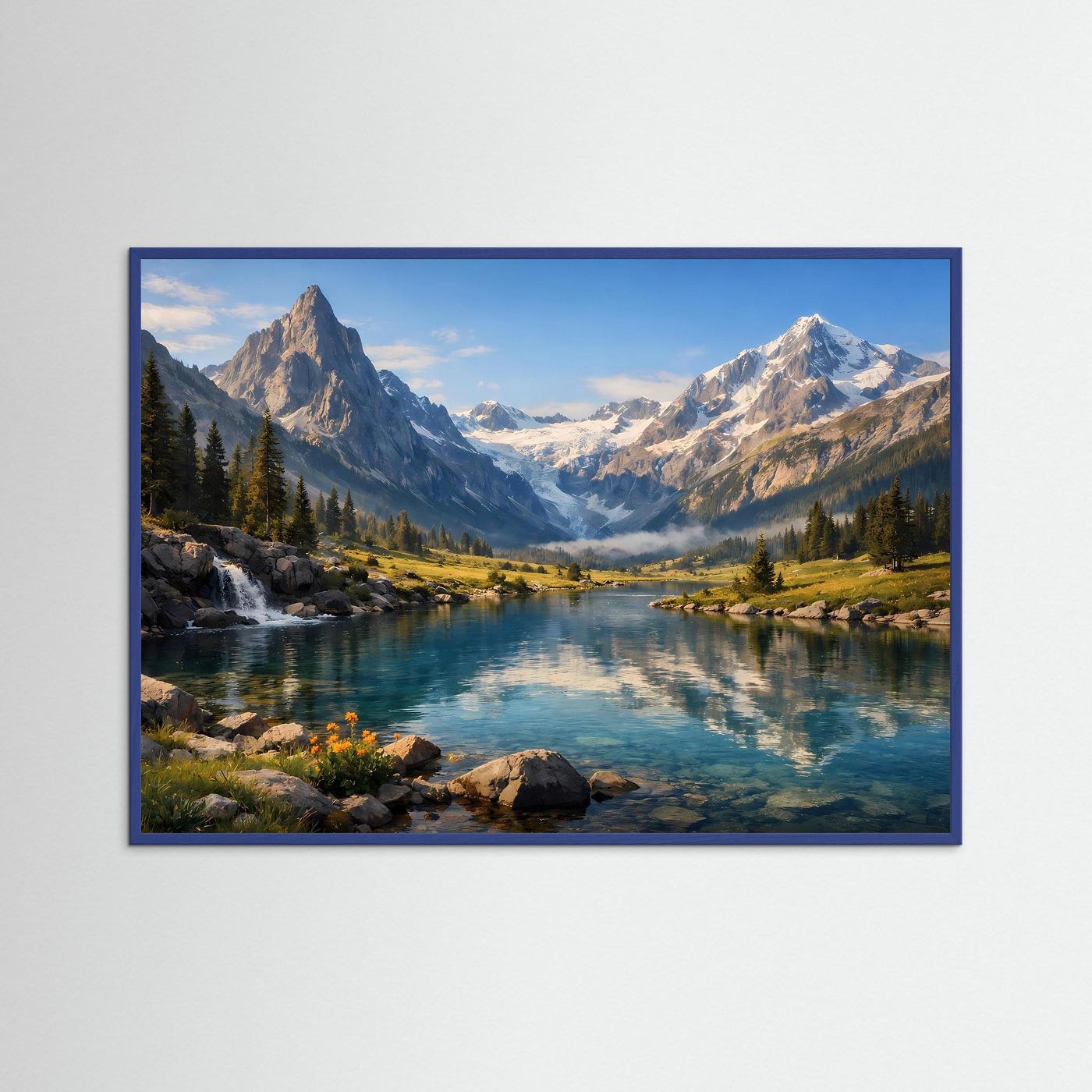 Panorama-Naturposter mit Alpen und Bergsee im Querformat, blauer Rahmen