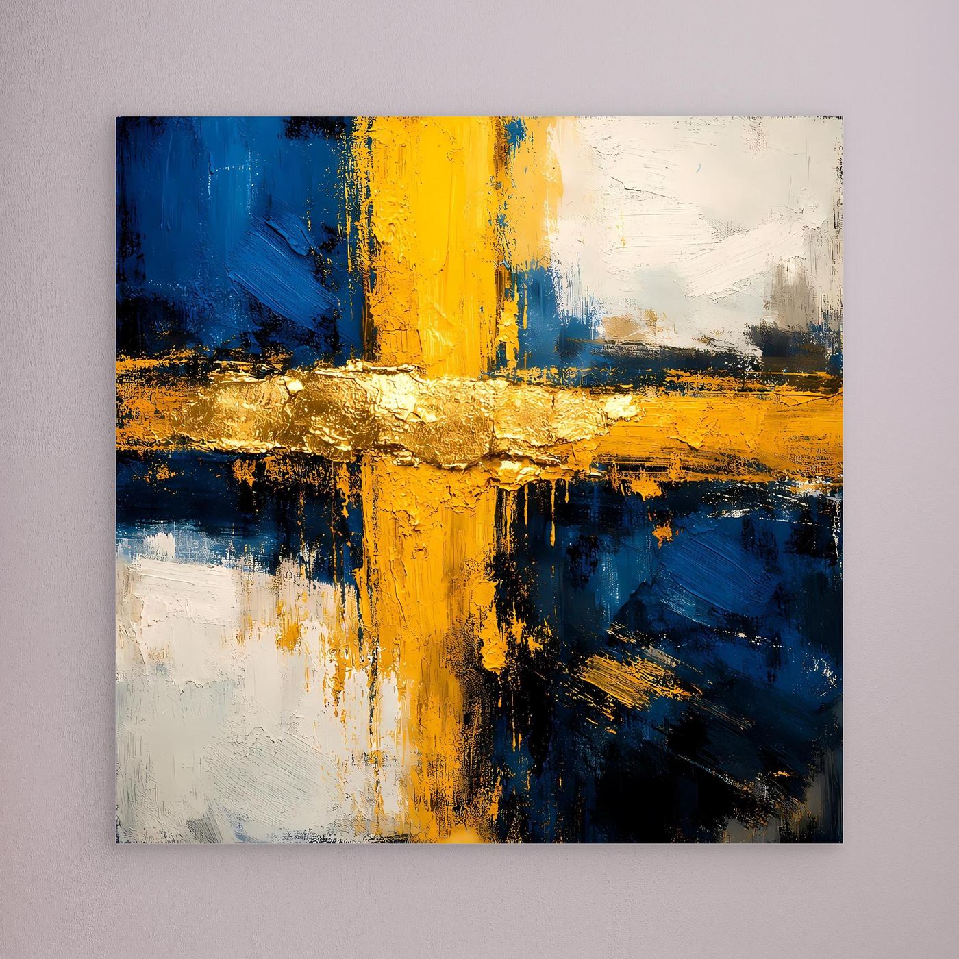 Leinwand-Abstraktbild mit gelbem senkrechtem Strich, blauem Hintergrund und Goldband