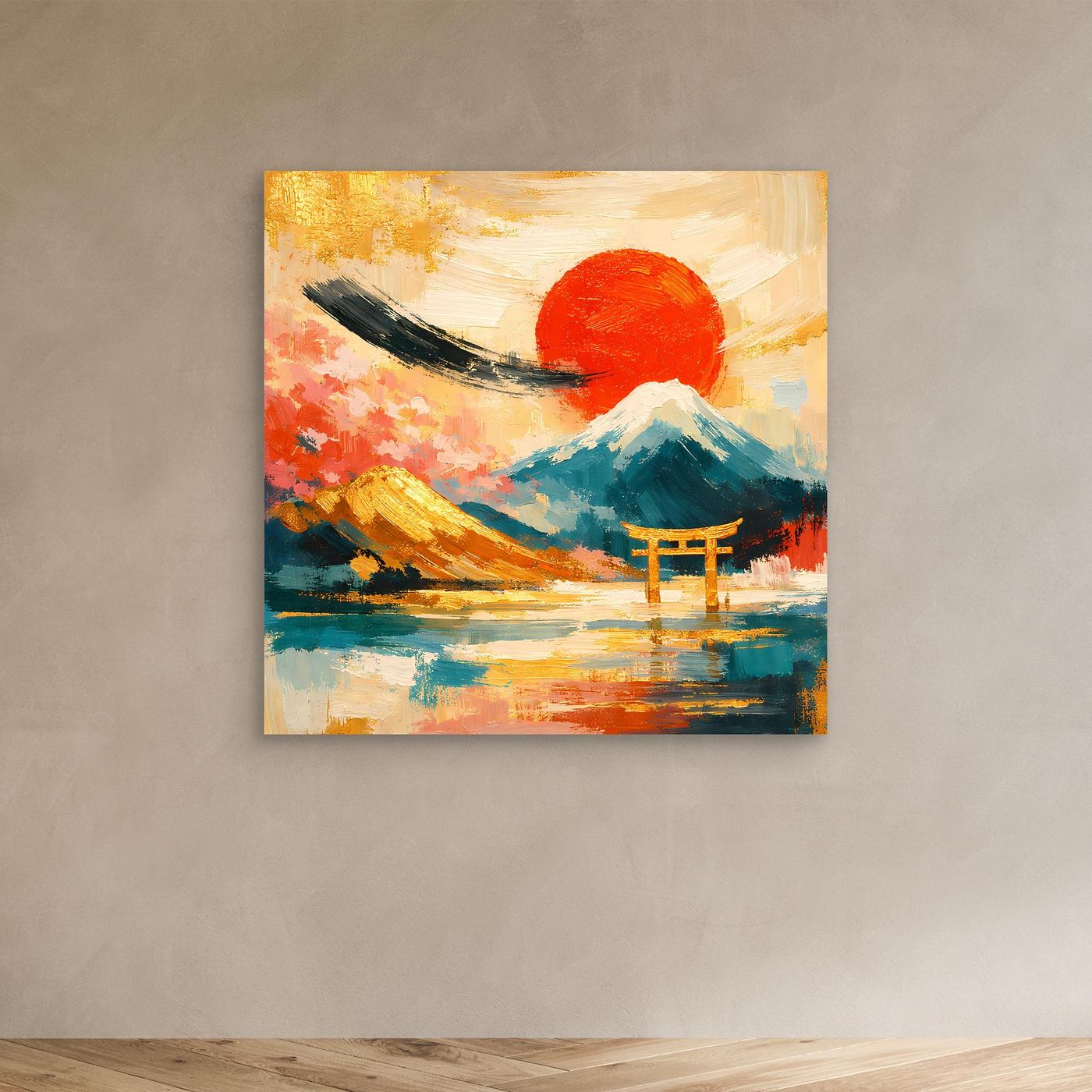 Leinwandbild mit Torii-Tor, Fuji und roter Sonne, goldene Akzente im Bild