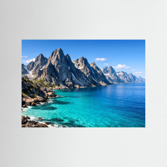 Landschaftsposter: türkisblaues Meer und Küstenfelsen, Querformat, ohne Rahmen