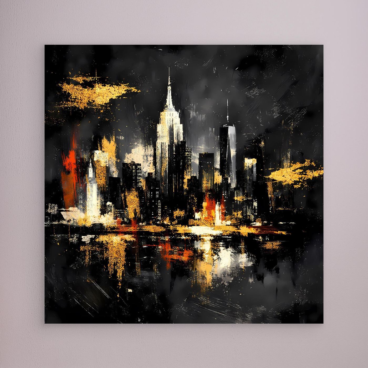 Leinwand Goldene New York Skyline bei Nacht | Abstraktes NYC Wandbild Modern