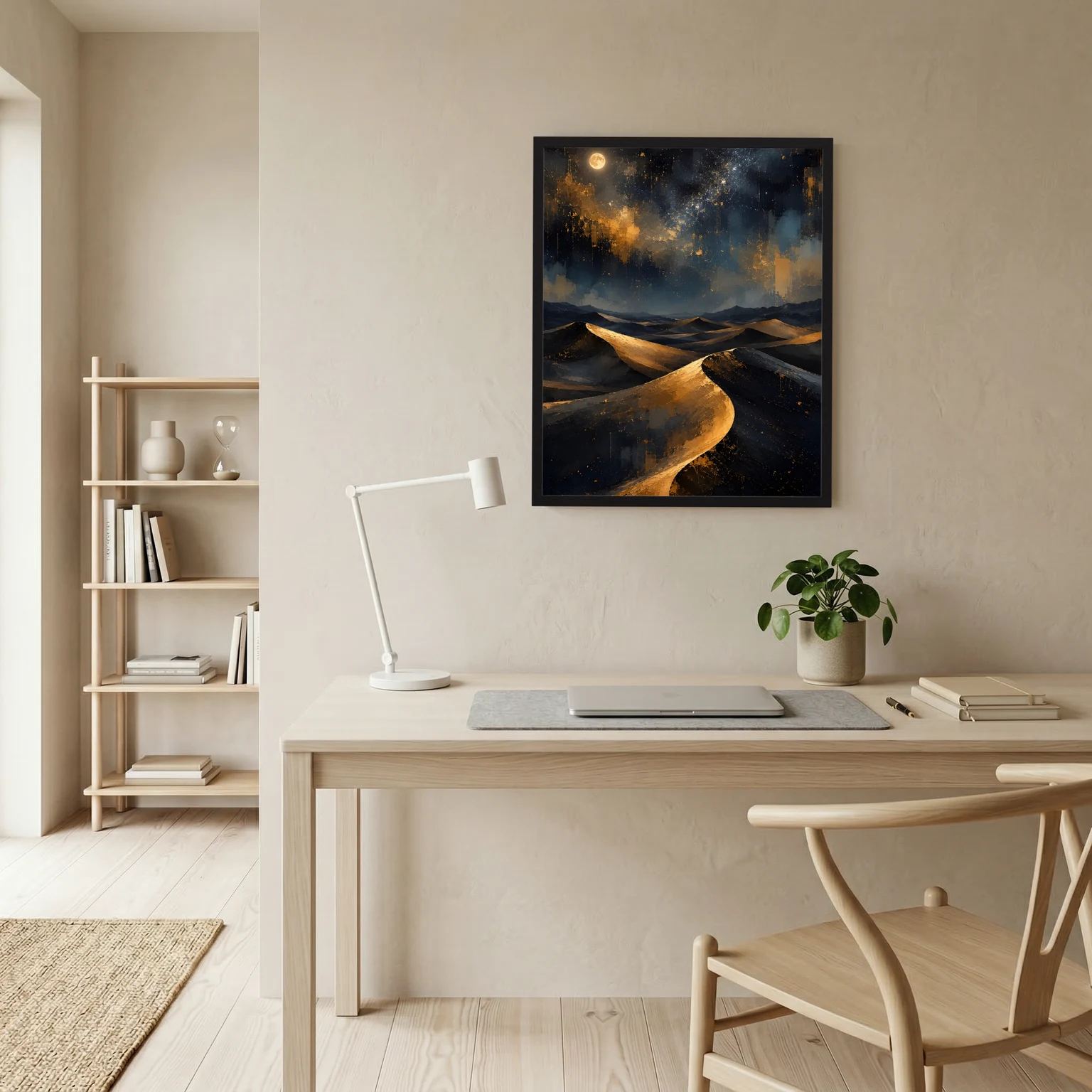 Gerahmtes Wüsten-Poster mit goldenen Sandlinien, Mondlicht und dunklem Himmel