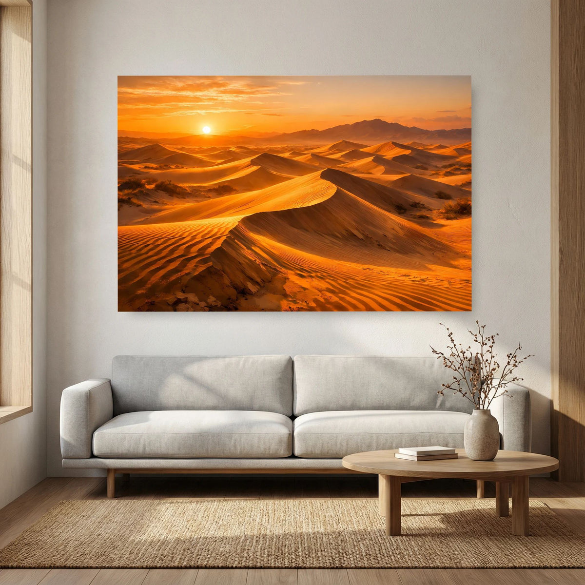 Wandbild mit Sanddünen im Abendsonnenuntergang über beigem Sofa und Couchtisch