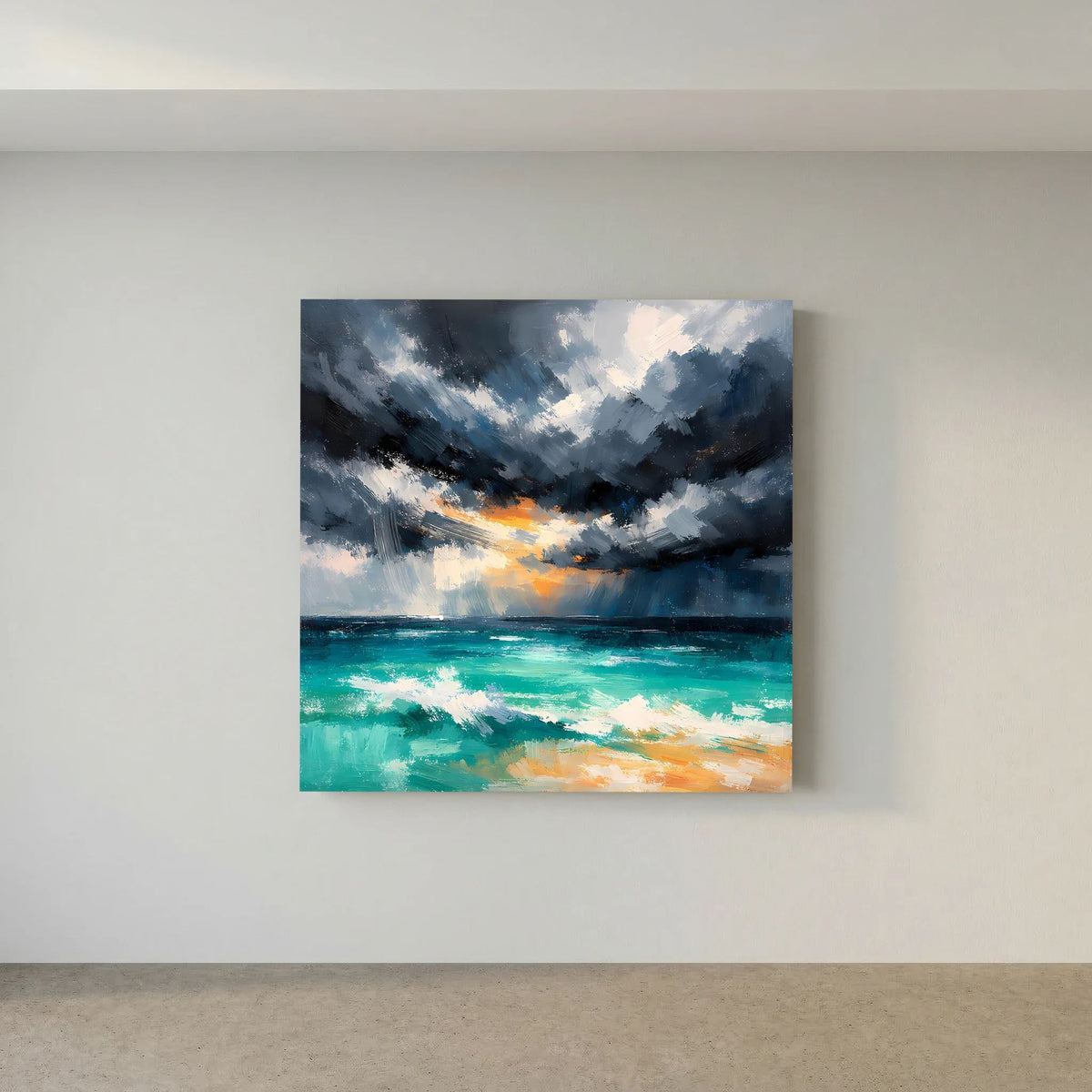 Leinwand-Wandbild mit Gewitterhimmel und türkisfarbenem Meer, dezente orangefarbene Linien.
