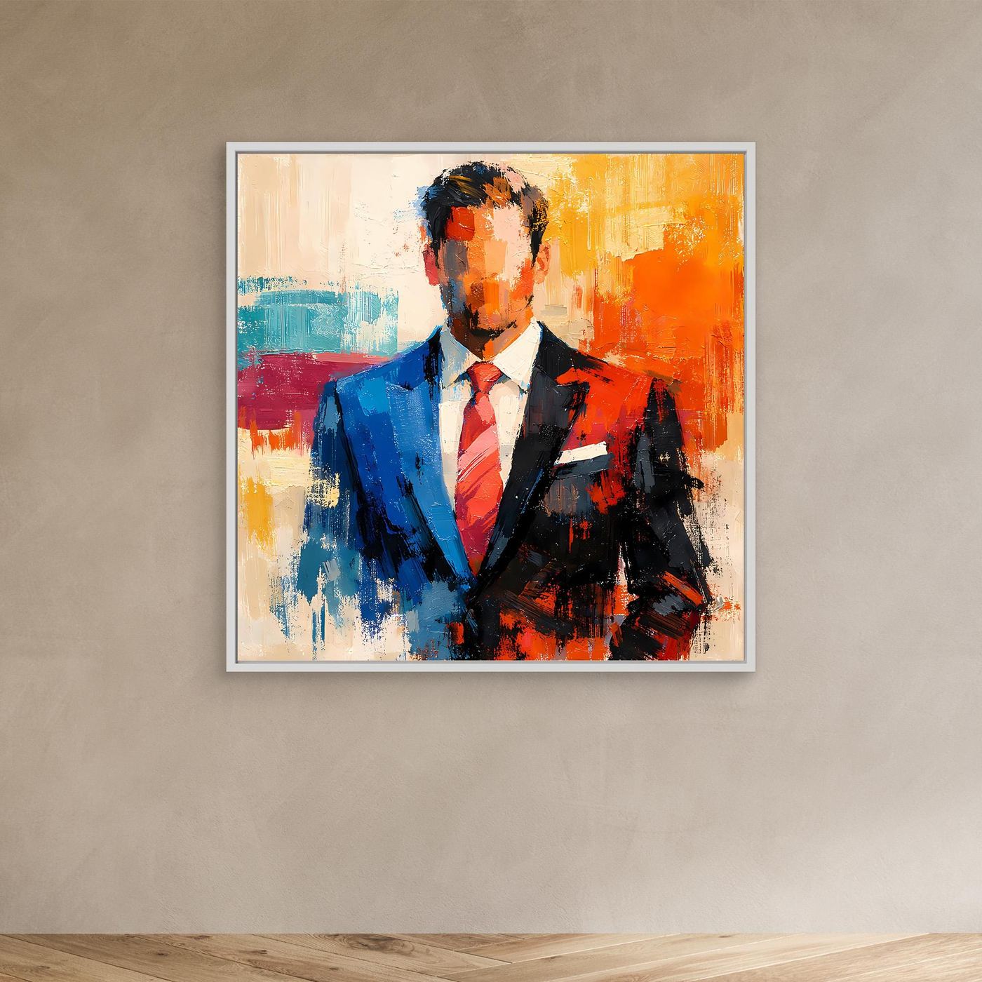 Framed abstract business wall art with light frame, elegant man in blue/black suit