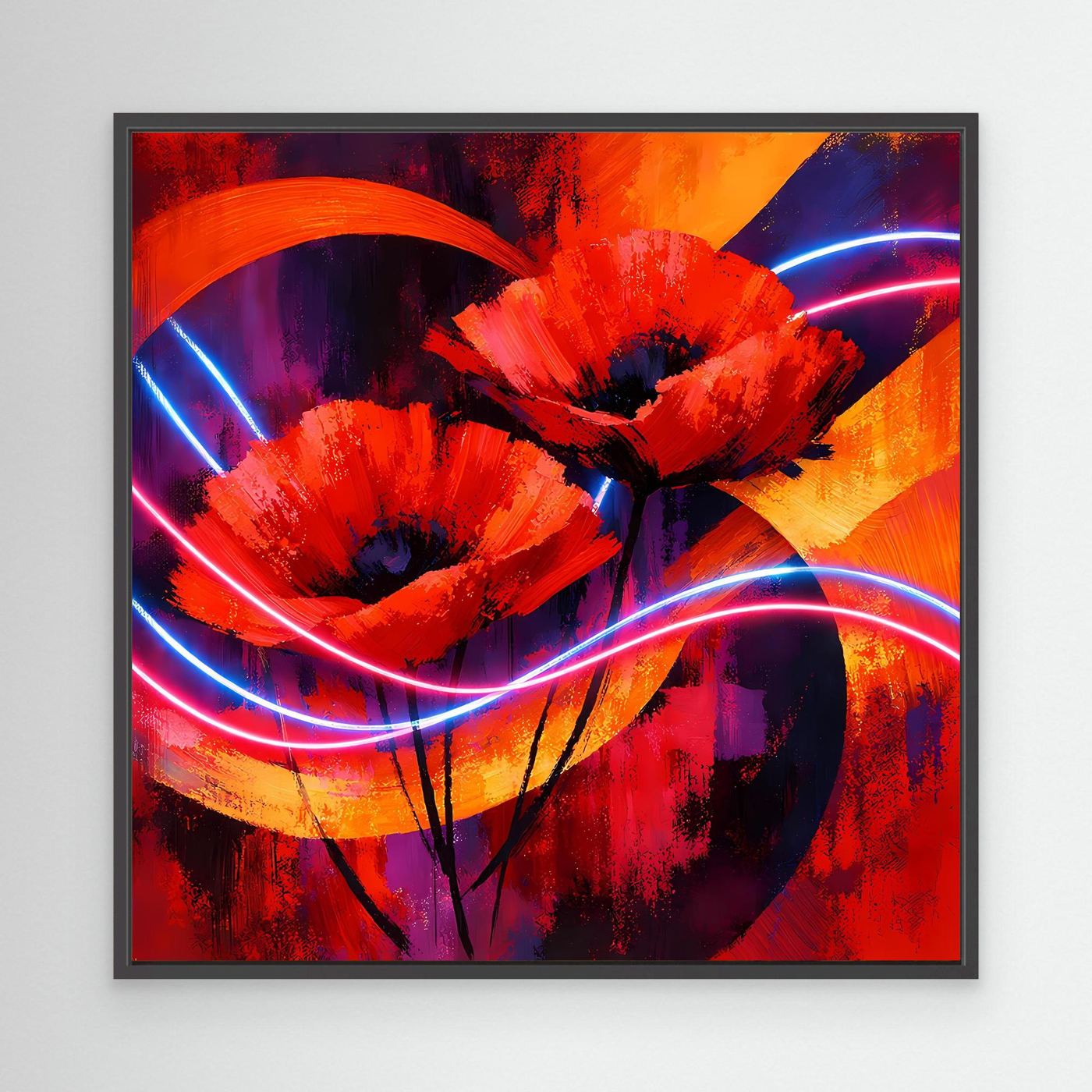 Leinwandbild mit abstrakten Mohnblumen, rot und violett, Neonbögen, schwarzer Rahmen