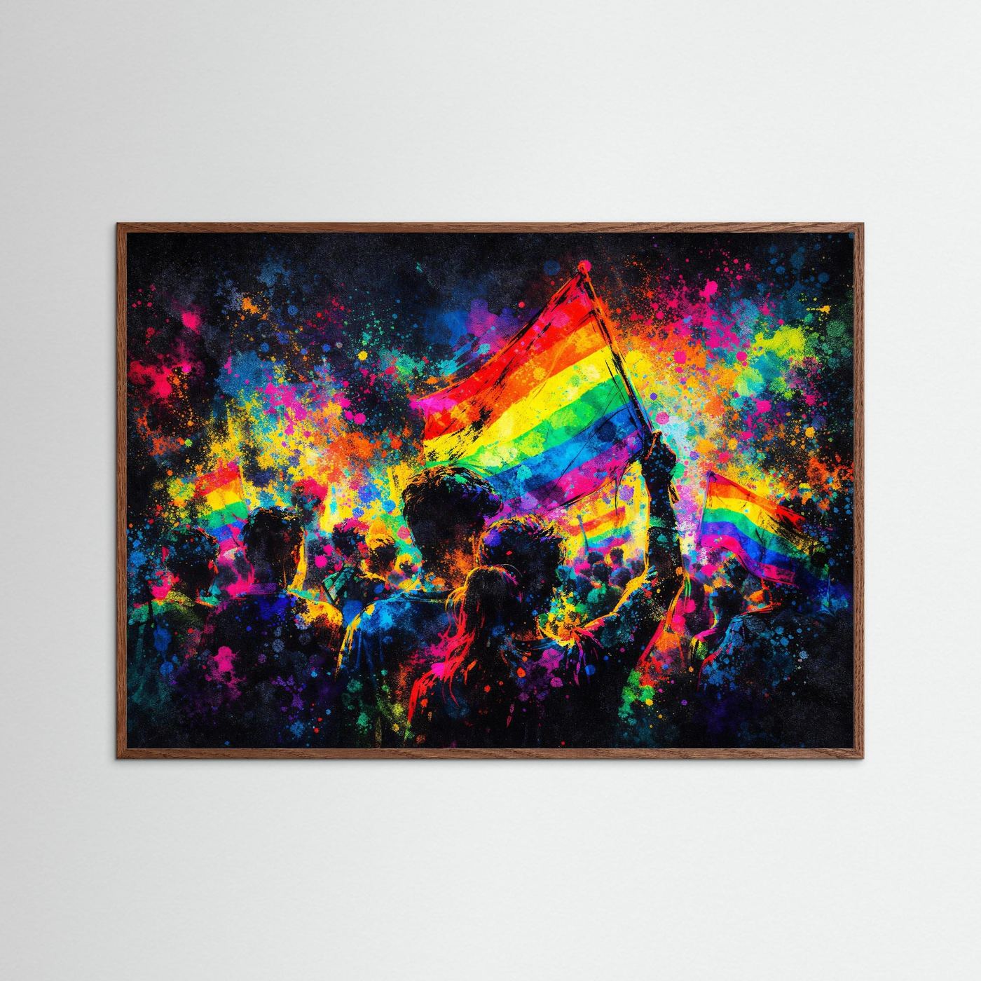 Wandbild mit Regenbogenflagge und buntem Sprühfarben-Motiv, brauner Holzrahmen