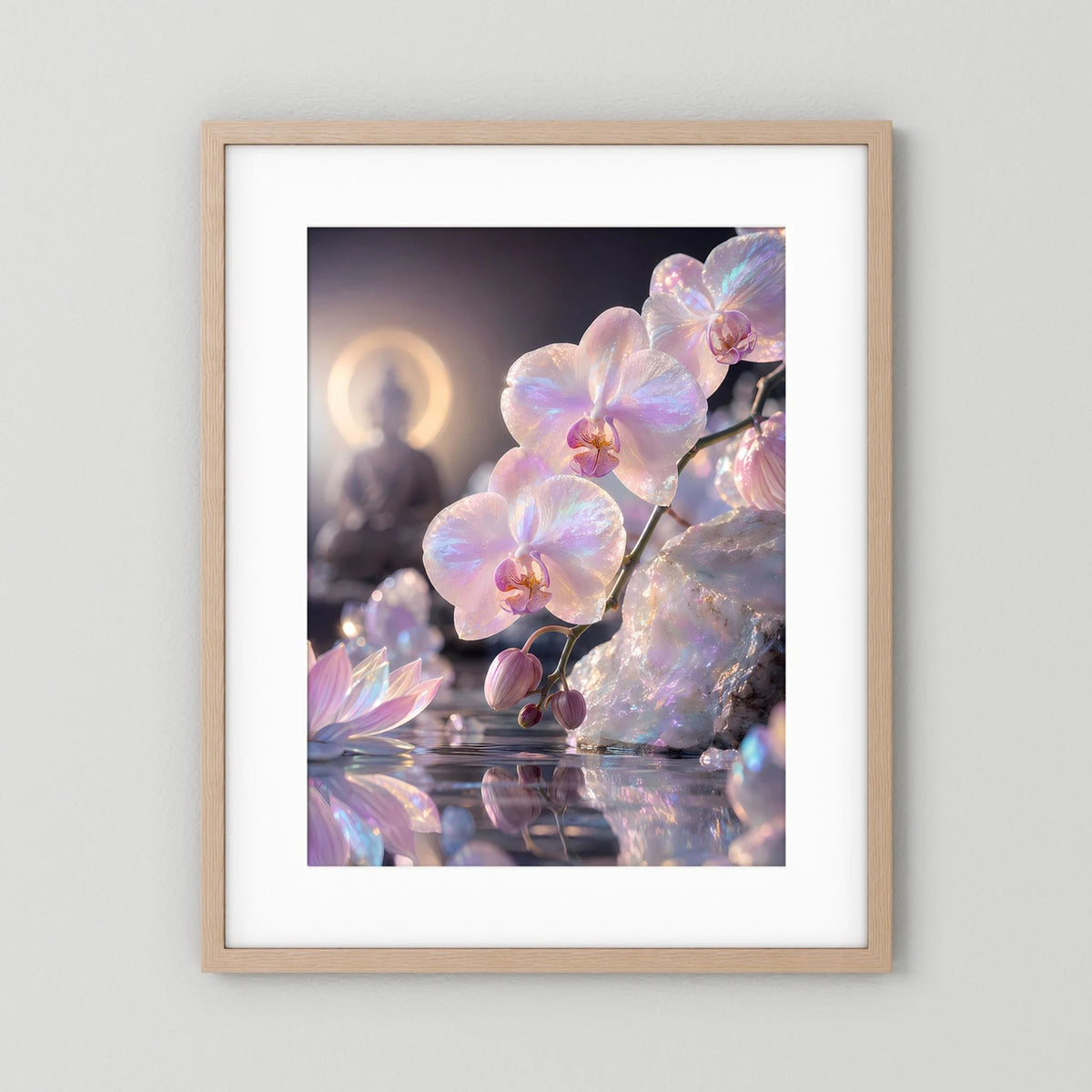 Hochformat-Poster mit Perlmutt-Orchideen, beiger Holzrahmen