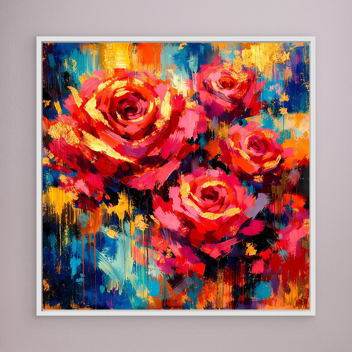 Leinwandbild mit abstrakten Rosen in Rot, Gelb und Blau, mit weißem Rahmen