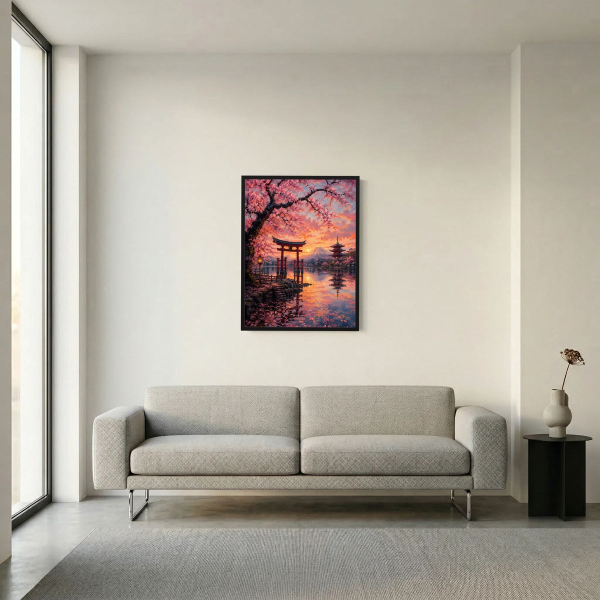 Schwarz gerahmtes hochformatiges Poster mit Torii, Kirschblüten und Fuji im warmen Licht