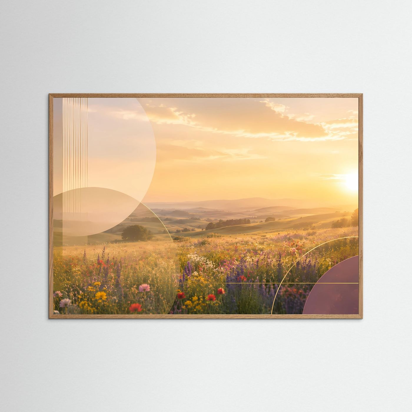Blühende Sommerwiese im Goldenen Sonnenuntergang | Romantische Landschaft mit Wildblumen, sanften Hügeln und warmem Abendlicht | Moderne Natur Wandkunst im Querformat