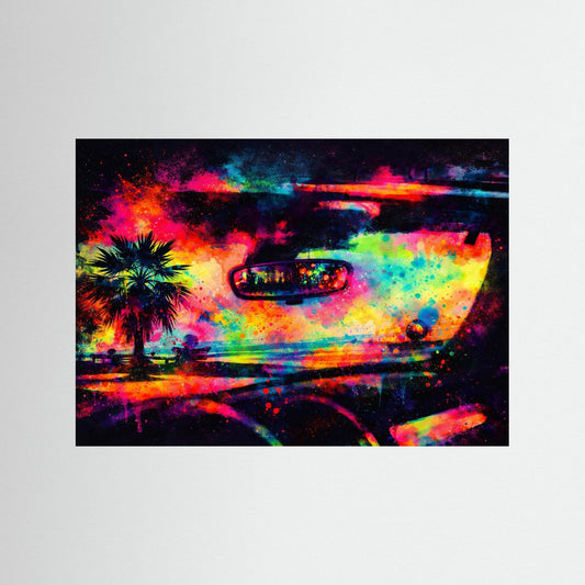 Wandbild im Querformat mit neonfarbenem Retroauto, Palmen und bunten Lichtspuren.