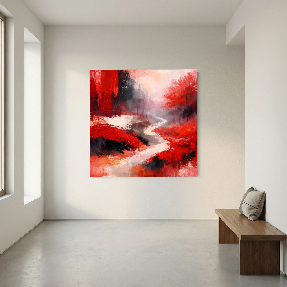 Leinwand-Wandbild mit rotem Brückenbogen über grauem Fluss, abstrakte Farbflecken