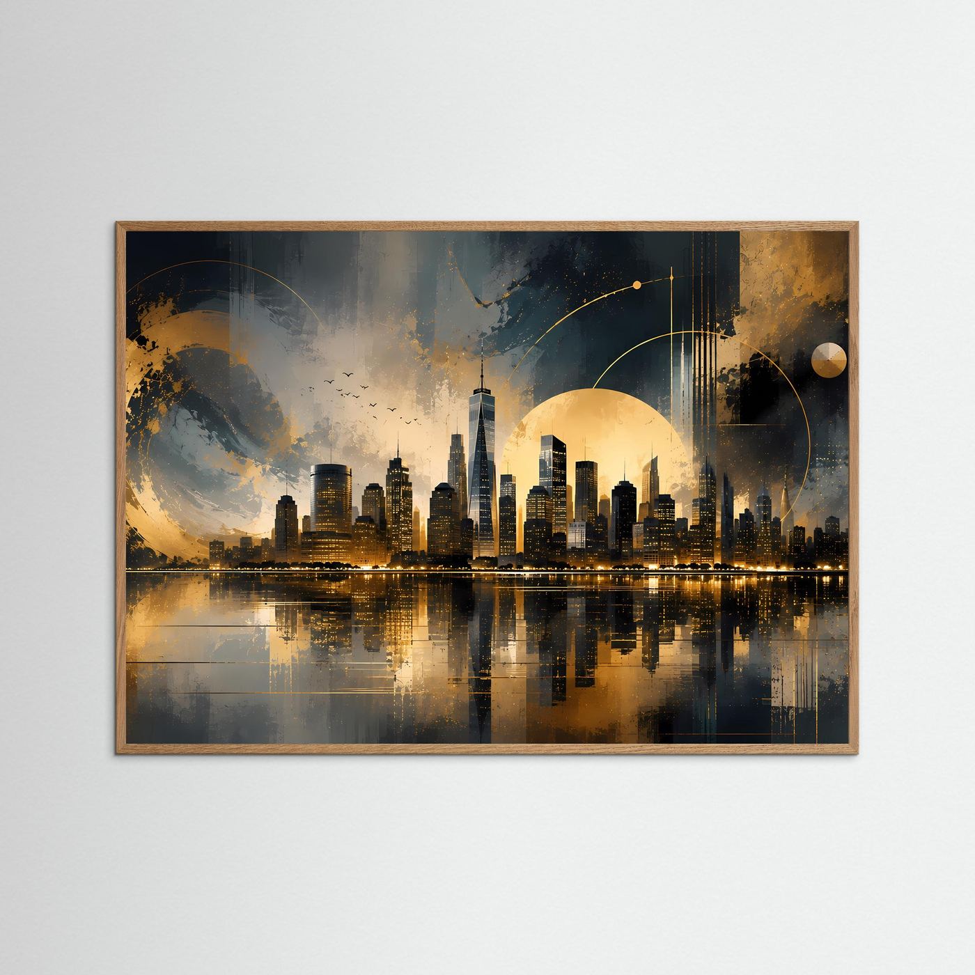 Querformatiges Poster mit hellem Holzrahmen, New-York-Skyline in Schwarz und Gold