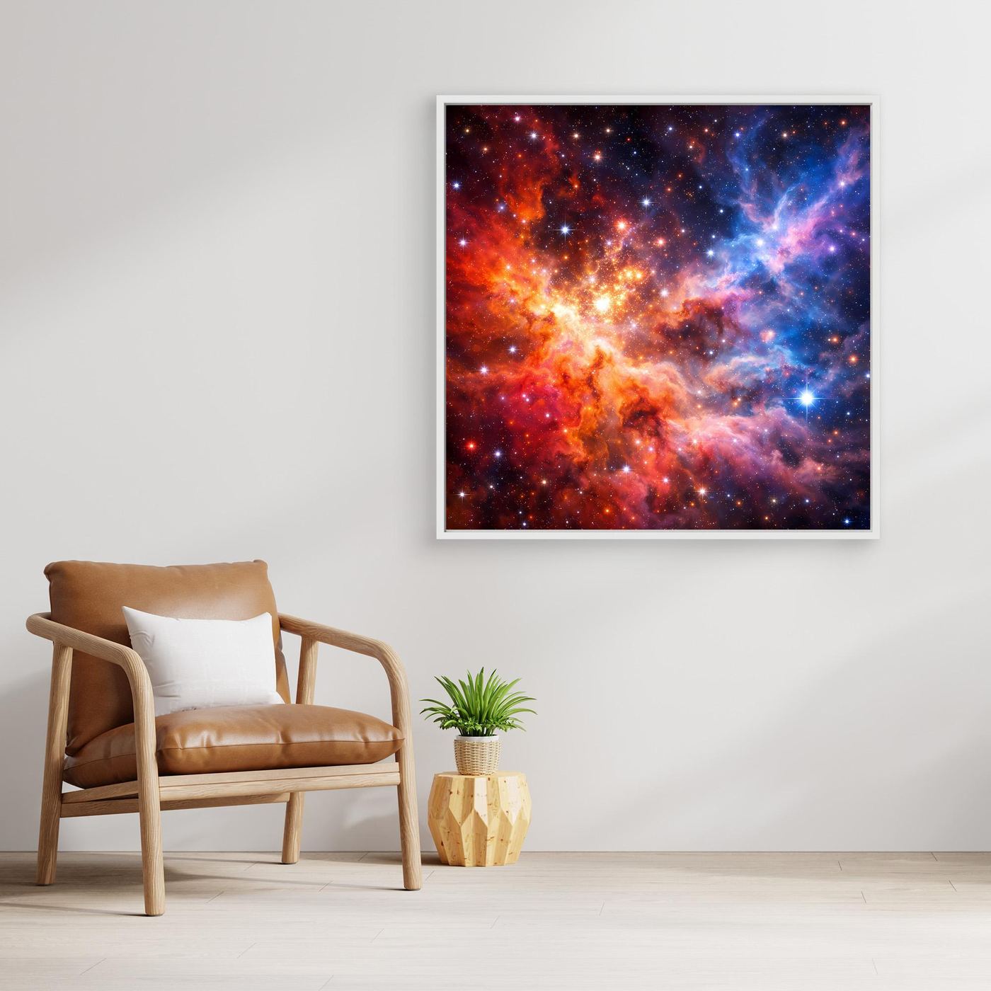 Leinwandbild mit kosmischem Nebelmotiv, weißer Rahmen