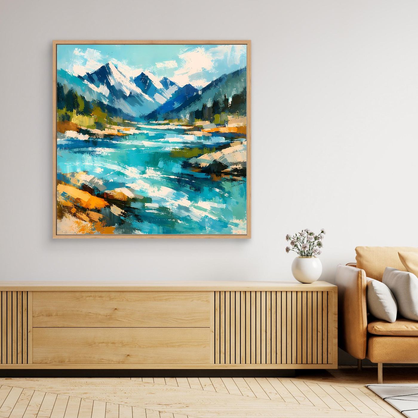 Abstraktes Leinwand-Wandbild mit Berglandschaft und Fluss im Holzrahmen, türkis und orange