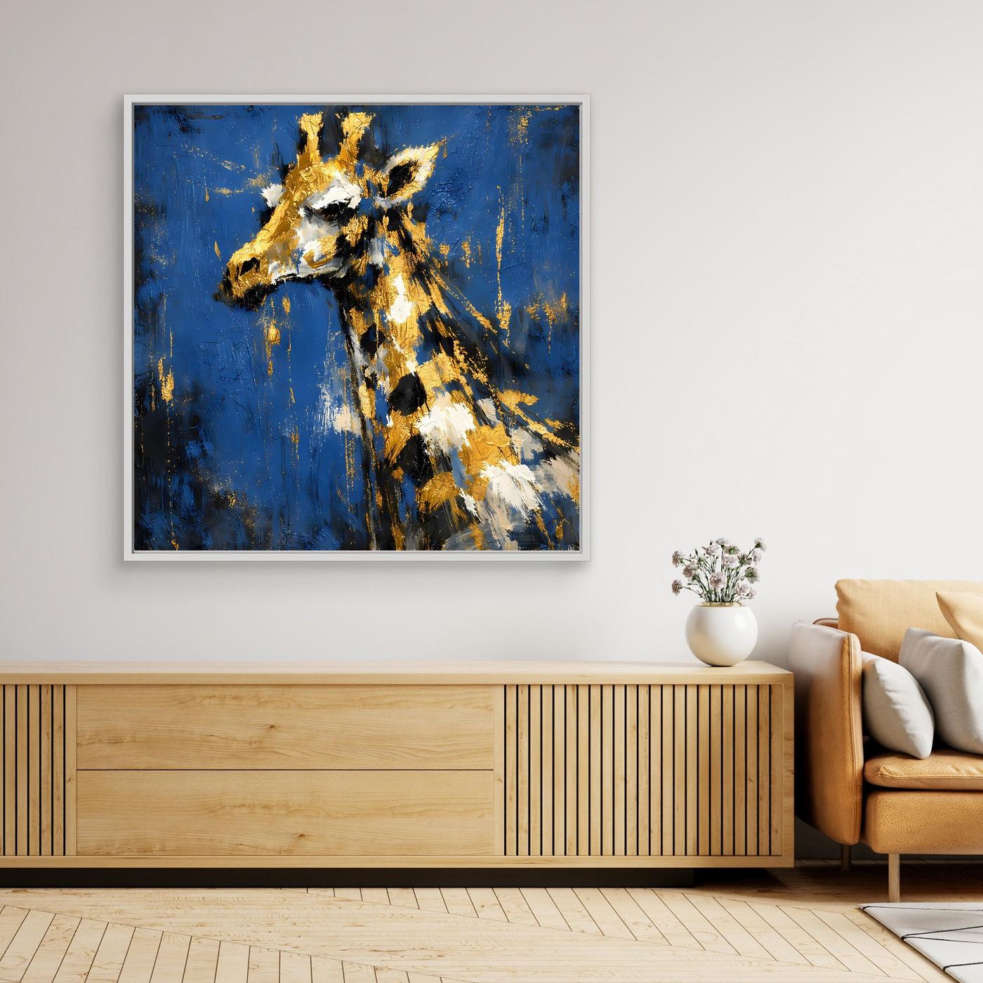 Leinwand Elegante Giraffe in Gold und Blau | Abstraktes Tier Wandbild