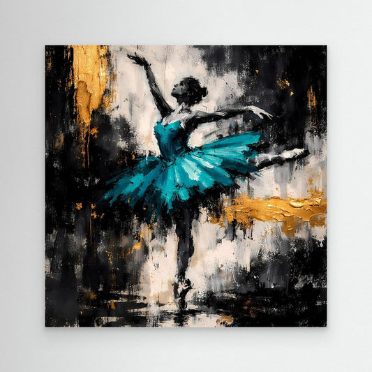 Abstraktes Leinwandbild: Ballerina in Türkis mit Goldakzenten, schwarz-weißes Tanzmotiv
