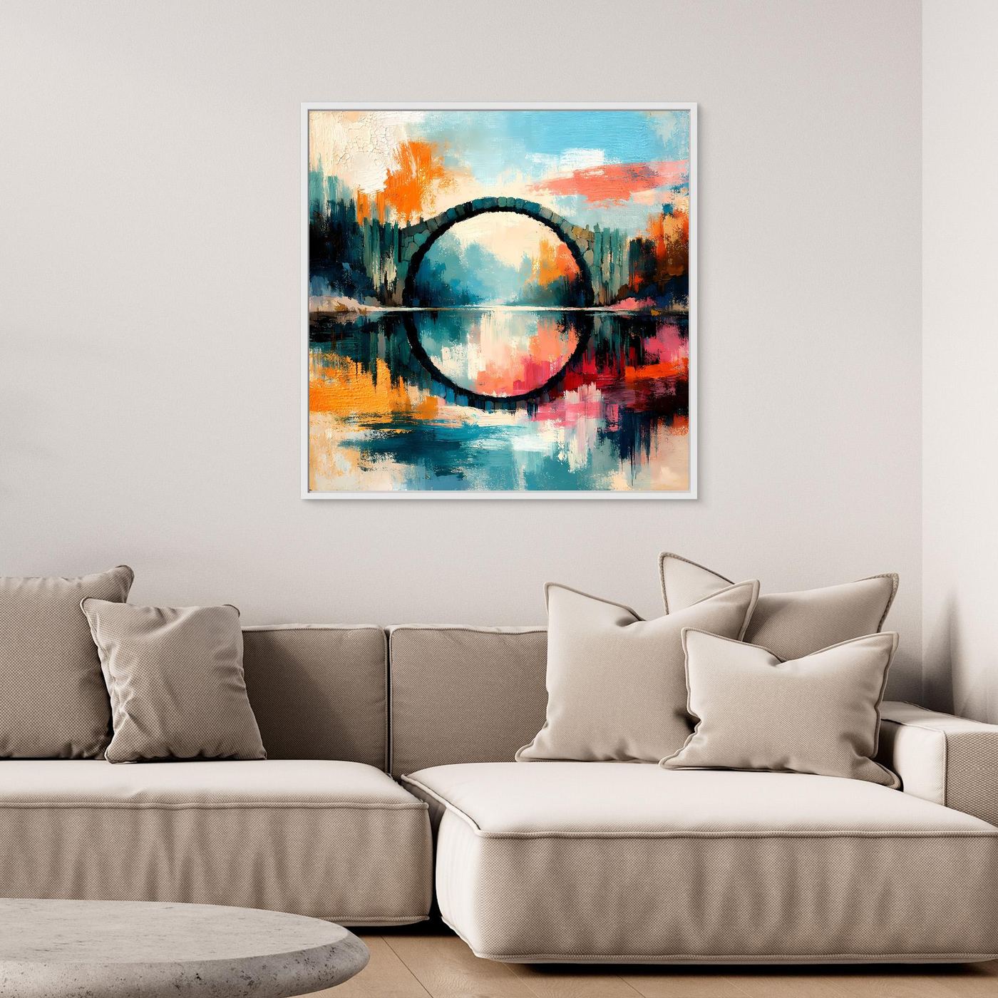 Premium Leinwand Mystische Kreisbrücke im Wasser | Abstraktes Natur Wandbild farbenfroh