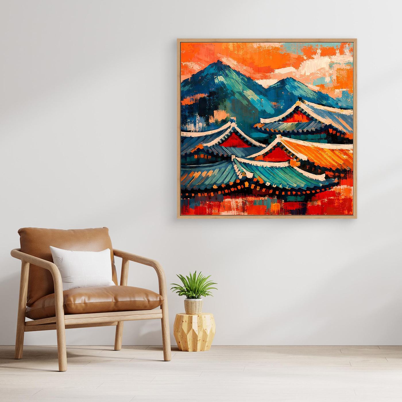 Abstraktes Wandbild mit Pagodendächern und Berglandschaft in kräftigen Farben, mit Rahmen