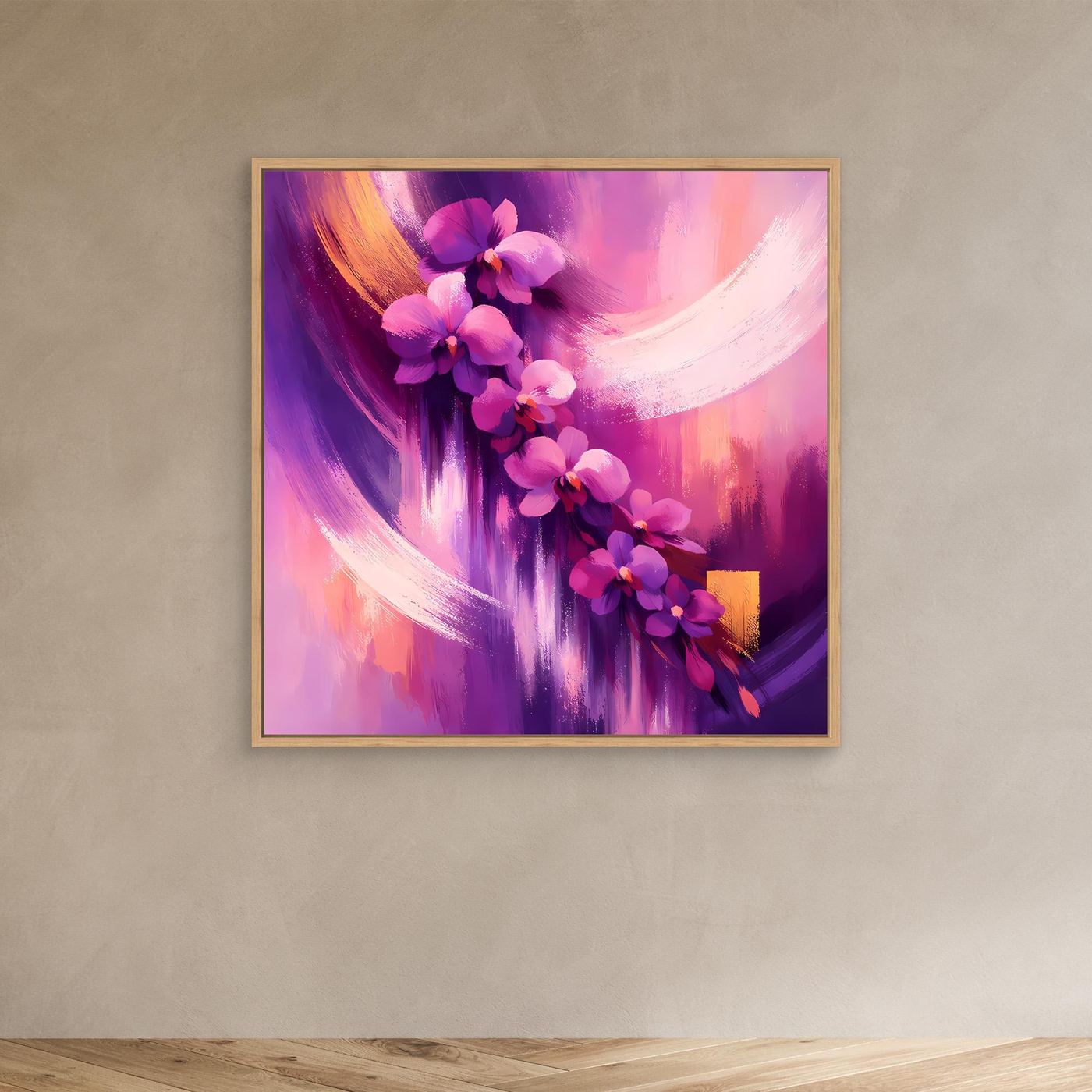 Leinwandbild mit abstrakten Orchideen in Lila- und Rosatönen, helle Rahmenumrandung