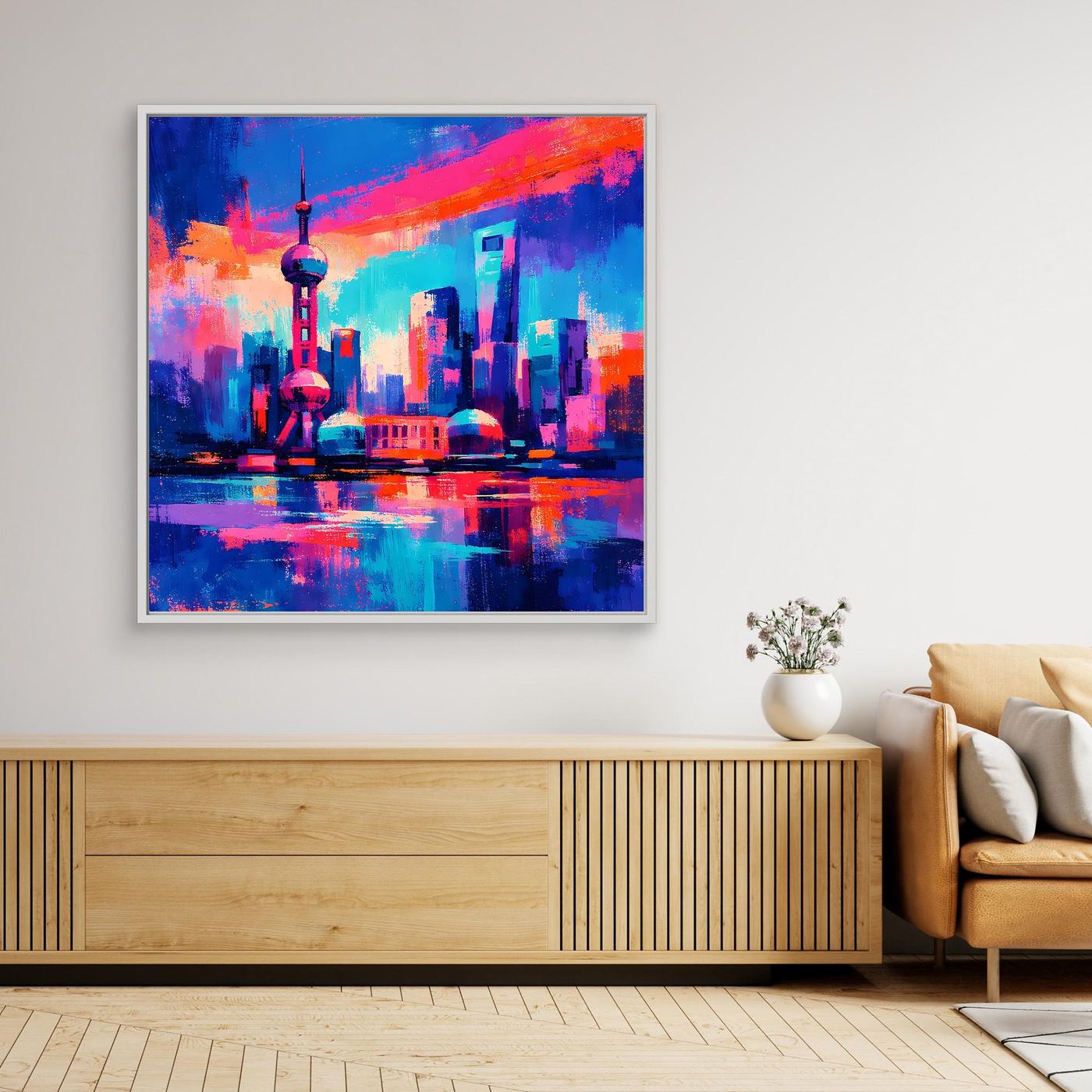 Wandbild mit abstrakter Neon-Stadt-Skyline, dunkler Rahmen, leuchtende Blau- und Rottöne