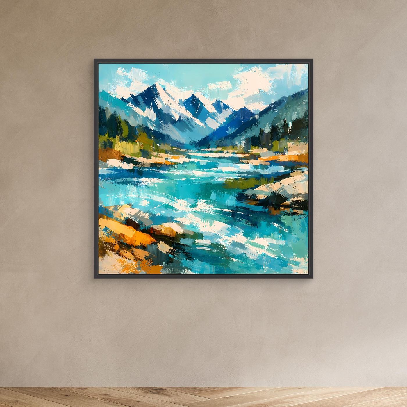 Abstraktes Leinwand-Wandbild mit Berglandschaft und Fluss, türkis und blau, schwarzer Rahmen