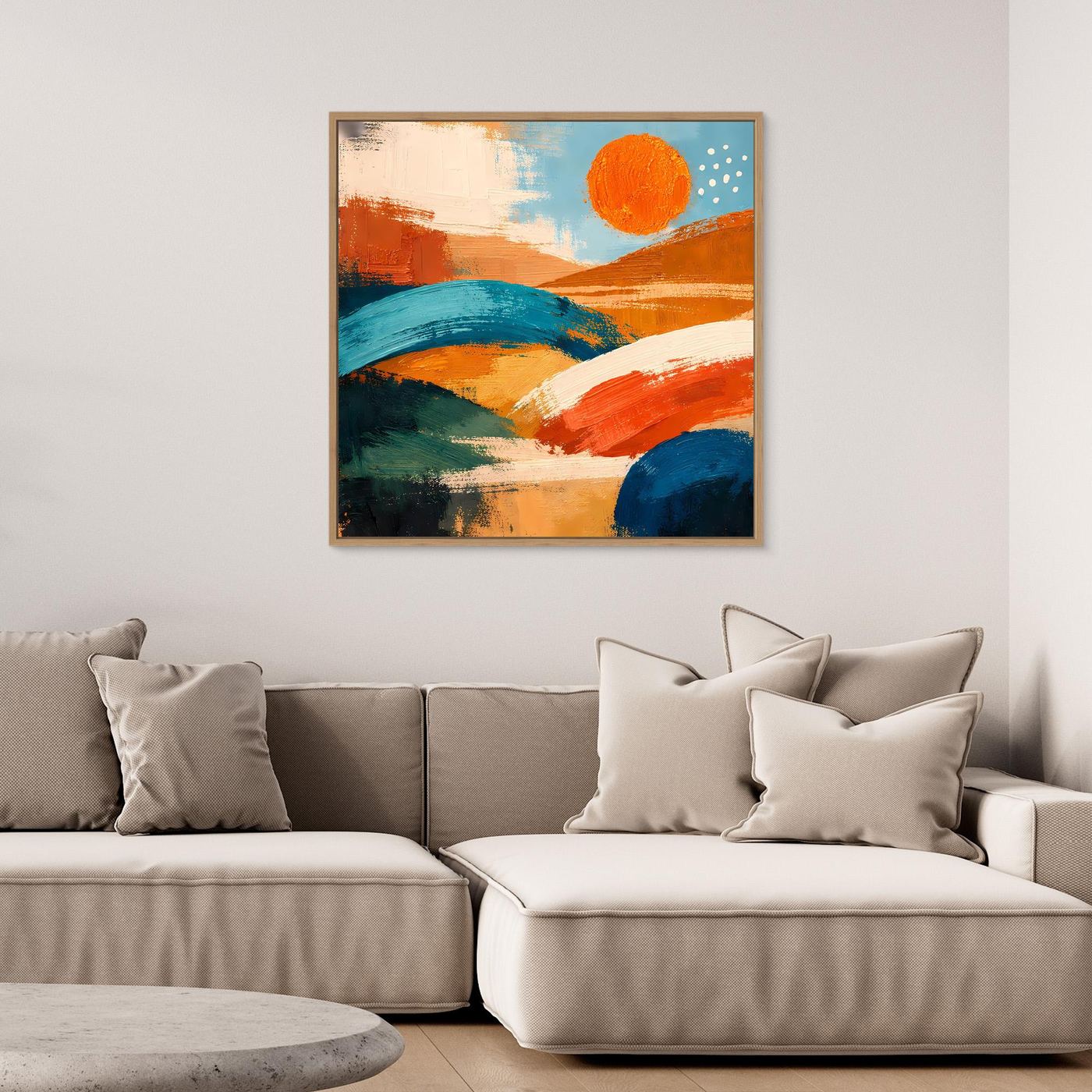 Framed square abstract landscape wall art with orange sun over blue and orange hills.