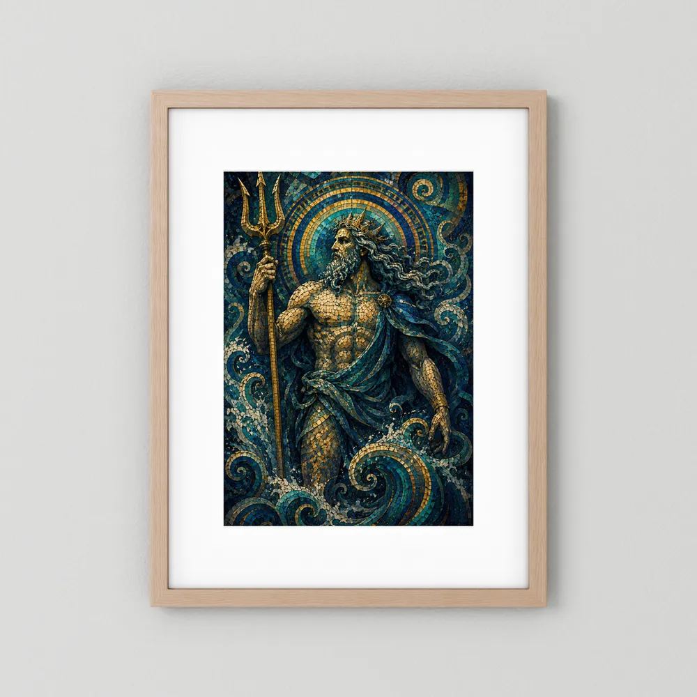 Poster mit hellem Holzrahmen und weißem Rand: Poseidon im Mosaikstil