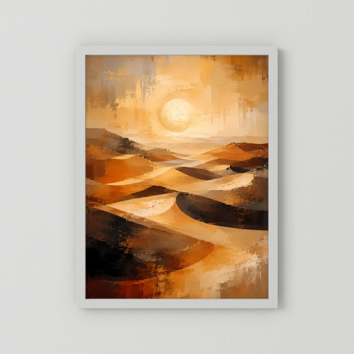 Abstraktes Wüstenlandschafts-Poster mit weißem Rahmen, Gold-Orange, Hochformat