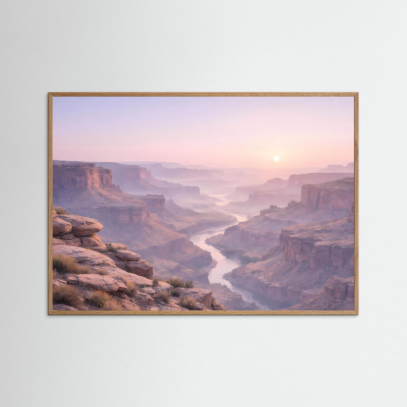 Canyon-Wandbild im hellbraunen Holzrahmen, Panoramaansicht mit Schlucht und Sonnenaufgang