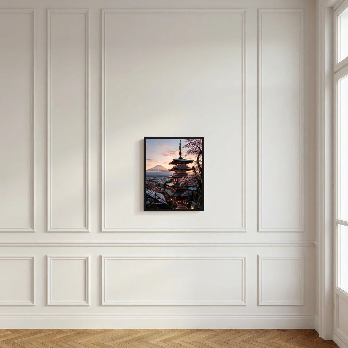 Kleines gerahmtes Wandbild im Hochformat mit Pagode, Kirschblüten und Fuji