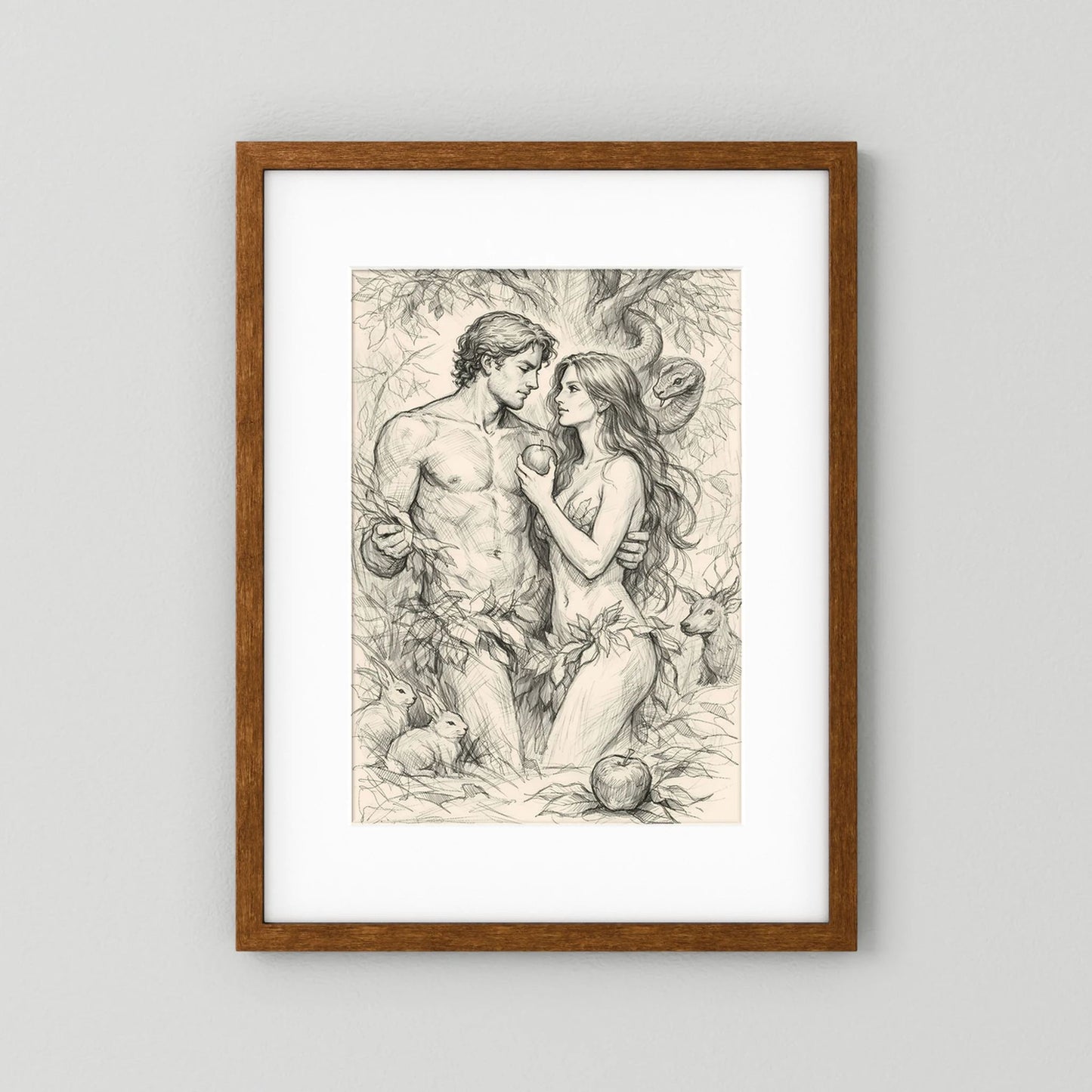 Hochformat-Poster mit Bleistiftzeichnung von Adam und Eva, brauner Holzrahmen.