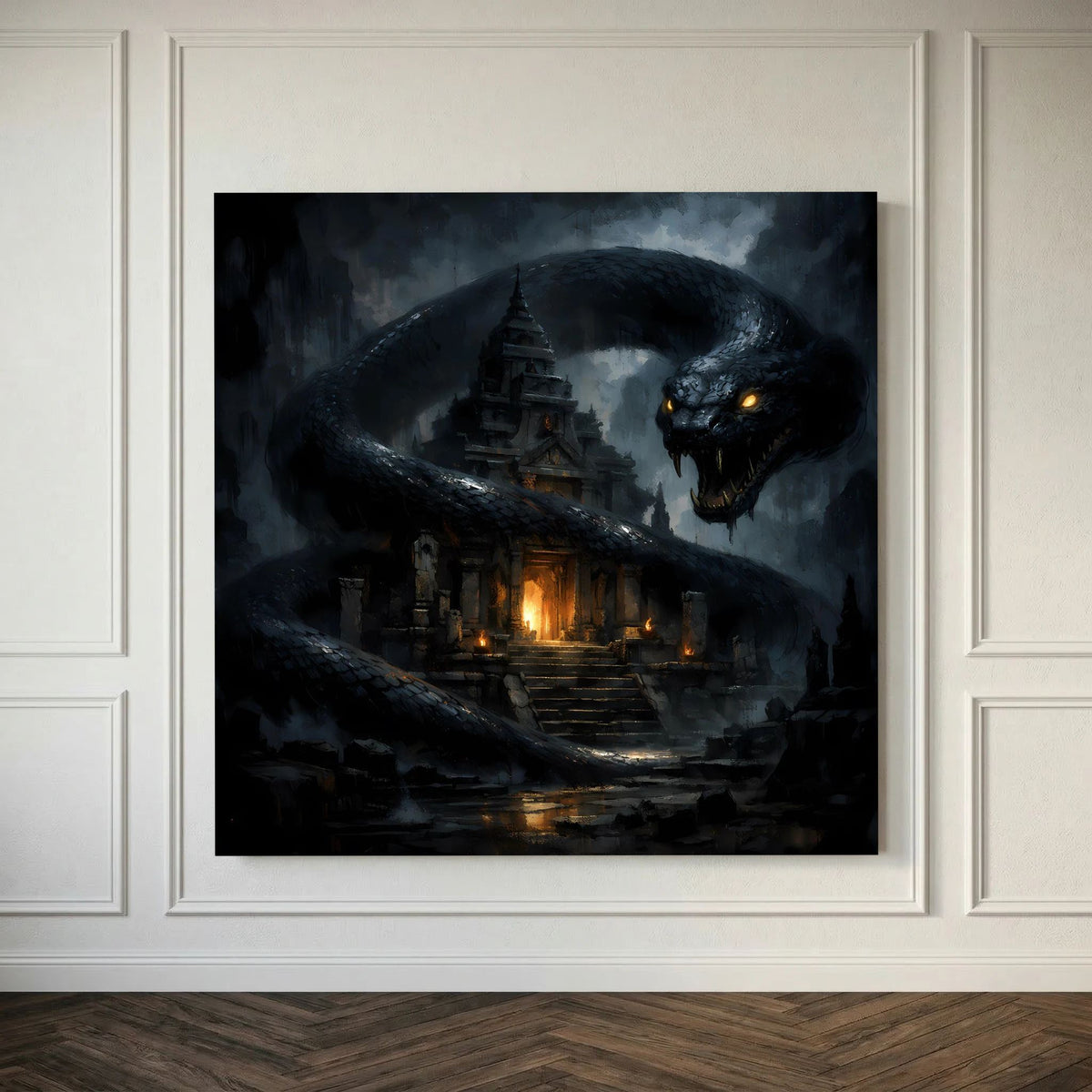 Leinwand-Wandbild mit Schlange um Tempelruine, goldenes Licht durch das Gebäude