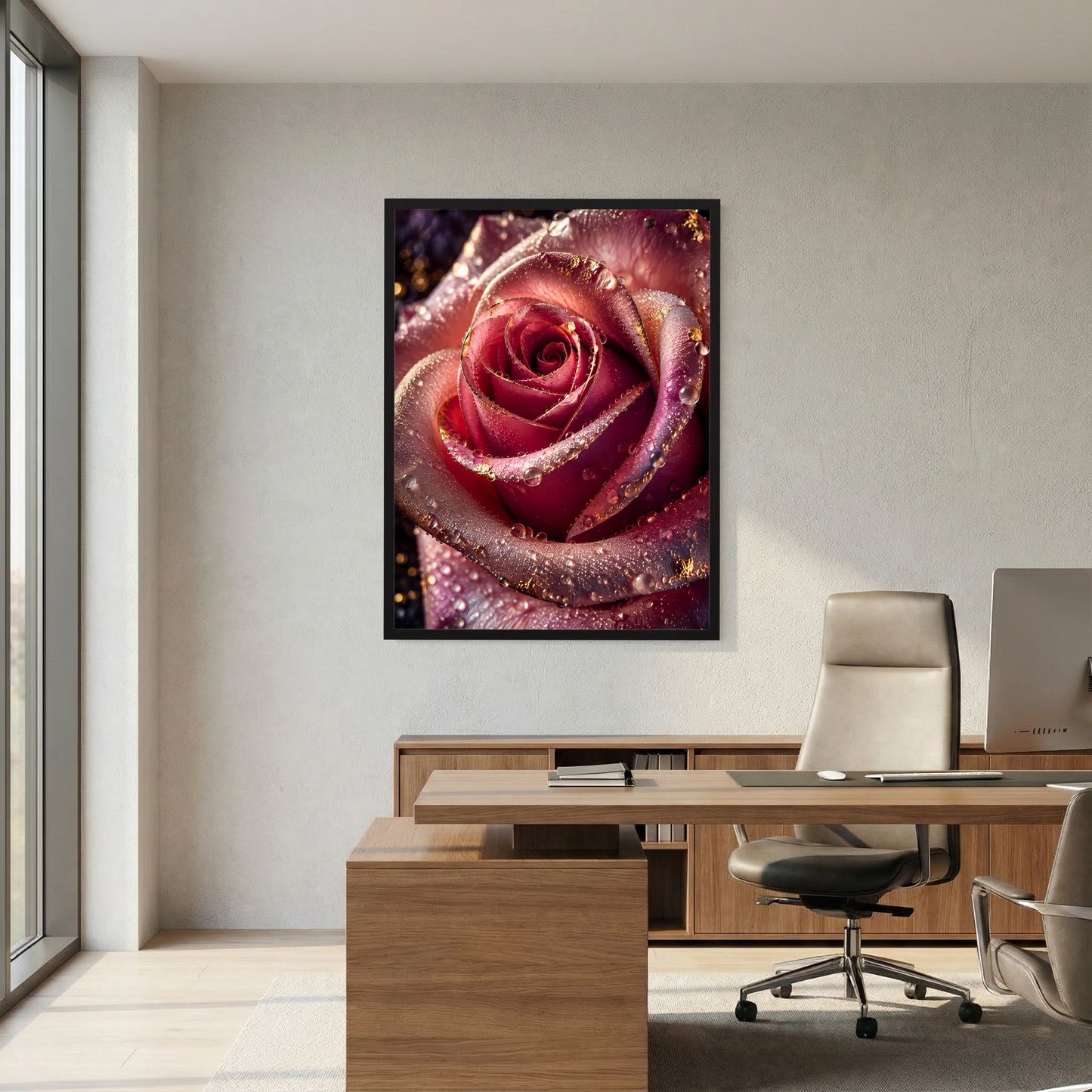 Hochformatiges Poster mit Rosenblüte in Rot-Rosa, gold schimmernde Partikel und Tropfen.