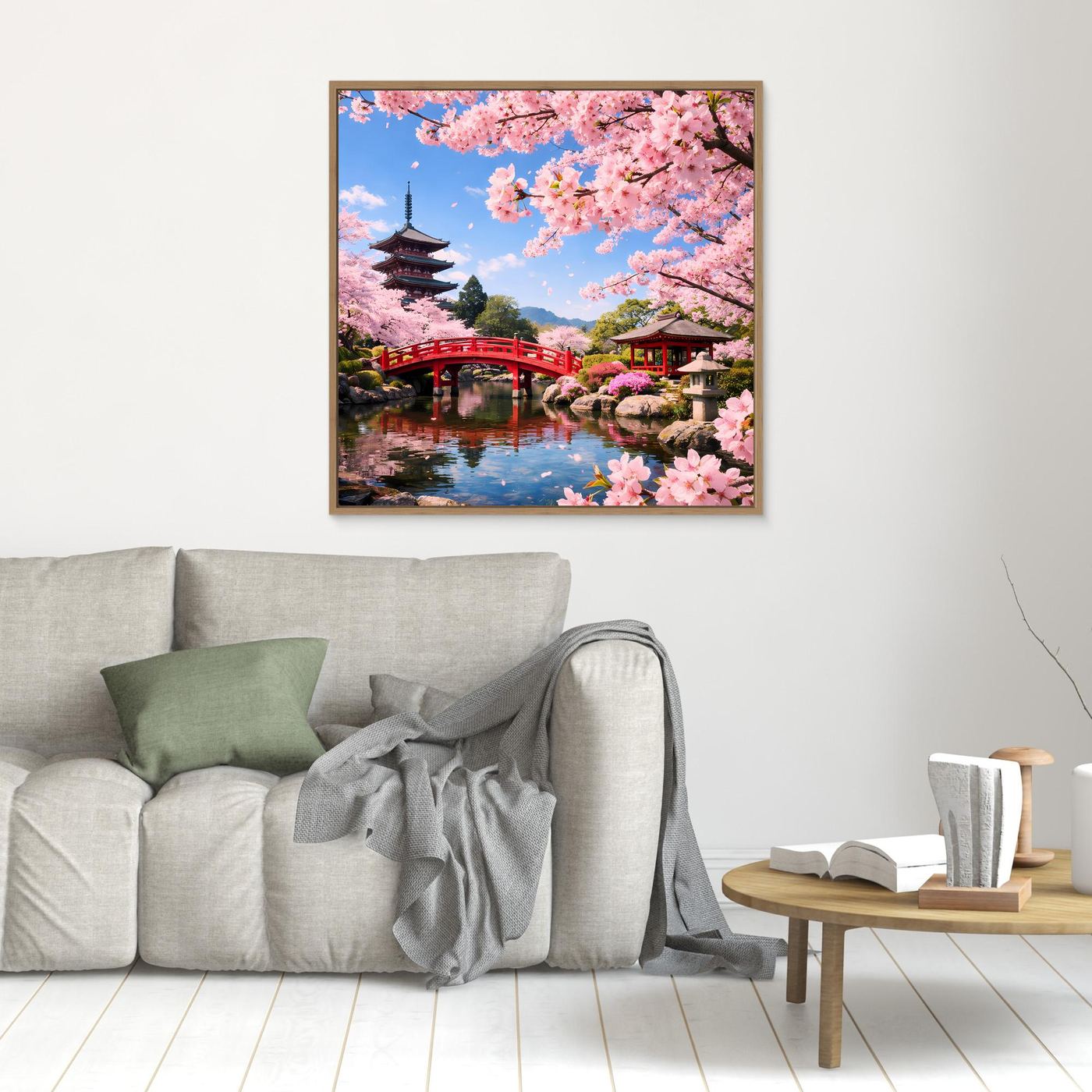 Leinwandbild im kleinen Format: Kirschblüten, rote Brücke und Pagode, goldbraun gerahmt