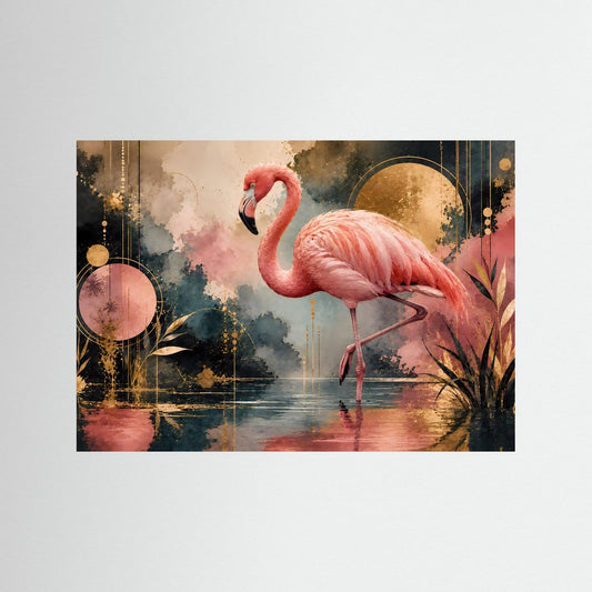 Flamingo-Poster im Querformat mit schwarzem Holzrahmen: rosa Vogel, Spiegelung, goldene Kreise