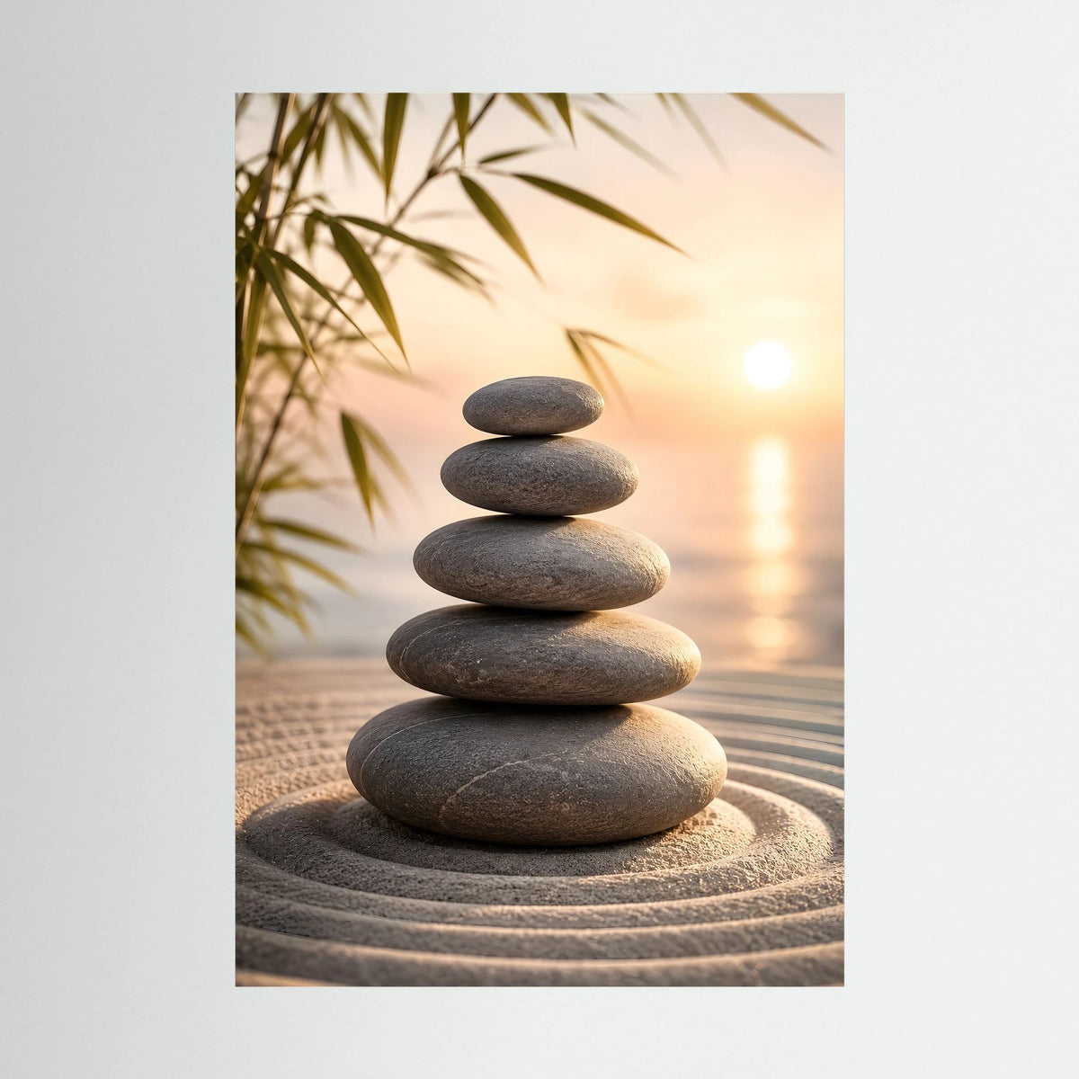 Kunstposter im Hochformat mit Nahaufnahme eines Stapels dunkler Steine am Strand
