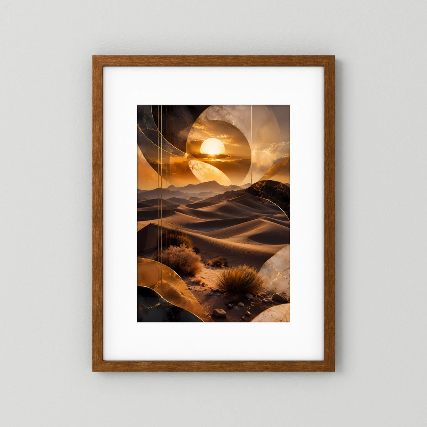 Hochformat-Poster mit goldbrauner Wüstenlandschaft und Sonnenball, Holzrahmen mit weißem Rand