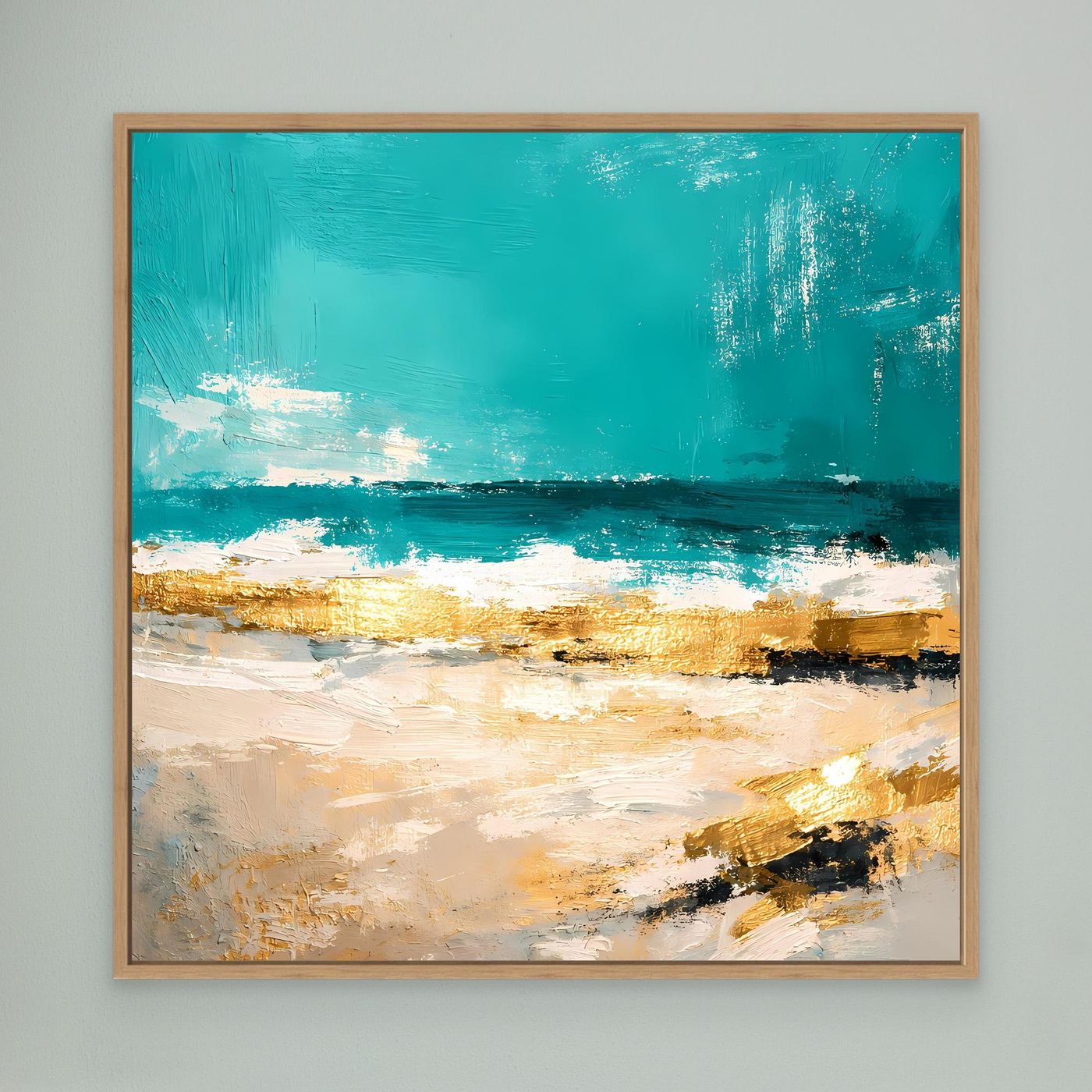 Leinwand Abstraktes Strandgemälde in Türkis und Gold | Modernes Meer Wandbild